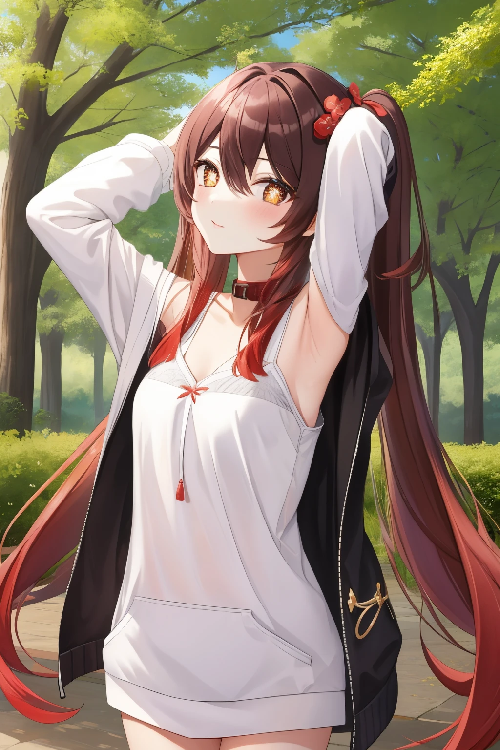 HuTaoV4,1girl,solo,long hair, off shoulder, collar bone, look at viewer, perfect fingers, armpit peek, Beautiful flowers bloom, (sparkles), (There is a blooming sakura)，standing under a tree, (head looking up), Look at the tree, Natural soft light, macaron, Still ethereal, Crisp and smooth lines, radiant morning light, soft luminescent glow, hoodie, jacket