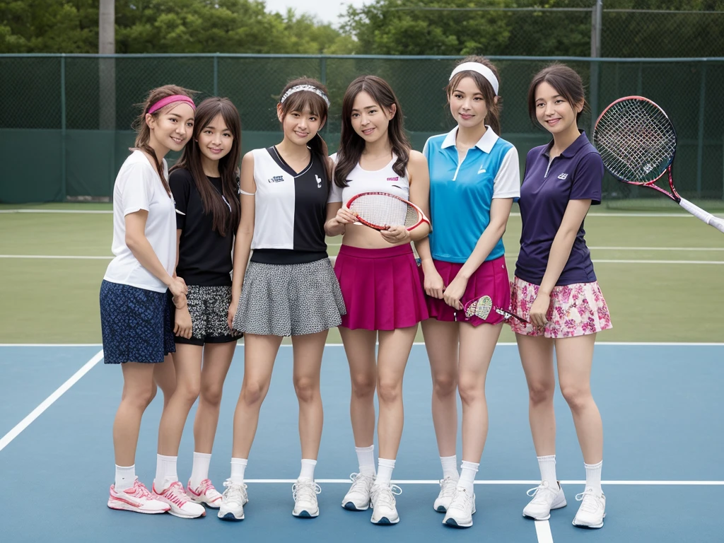 highest quality、High resolution、High definition、8K、20 year old beauty、(three women),cute hairstyle,perfect skin,huge breasts、Look at me happily、smiling、laughing、sexual expression、Upper body、 Tennis Dressesスタイル、 Tennis Dresses、可愛らしいTennis Dressesを選びましょう。Something with frills or lace details、We recommend items with colorful prints.。 shorts、Tennis Dressesの下にはshortsを着用しましょう。Easy to move、Good material that absorbs sweat。 head band、To wipe away the sweat flowing from my head、可愛いhead bandをつけるとおしゃれで機能的です。 Tennis Shoes、専用のTennis Shoesを選びましょう。Choose one with cushioning and stability、You can play comfortably。 テニスshortsスタイル、 polo shirt、スポーティでクラシックな印象のpolo shirtを選びましょう。The bright colors and colorful stripes are cute。 テニスshorts、Easy to move、汗を吸収する素材のテニスshortsを選びましょう。Choose your favorite colors and patterns to express your individuality。 socks、Tennis Shoesと合わせて、スポーティなsocksを選ぶとおしゃれです。Items with colorful patterns and logos are also cute.。