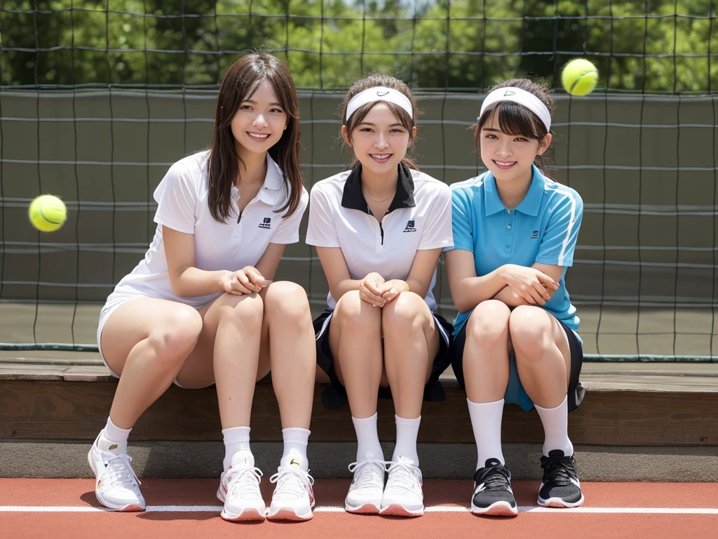 highest quality、High resolution、High definition、8K、20 year old beauty、(three women),cute hairstyle,perfect skin,huge breasts、Look at me happily、smiling、laughing、sexual expression、Upper body、 Tennis Dressesスタイル、 Tennis Dresses、可愛らしいTennis Dressesを選びましょう。Something with frills or lace details、We recommend items with colorful prints.。 shorts、Tennis Dressesの下にはshortsを着用しましょう。Easy to move、Good material that absorbs sweat。 head band、To wipe away the sweat flowing from my head、可愛いhead bandをつけるとおしゃれで機能的です。 Tennis Shoes、専用のTennis Shoesを選びましょう。Choose one with cushioning and stability、You can play comfortably。 テニスshortsスタイル、 polo shirt、スポーティでクラシックな印象のpolo shirtを選びましょう。The bright colors and colorful stripes are cute。 テニスshorts、Easy to move、汗を吸収する素材のテニスshortsを選びましょう。Choose your favorite colors and patterns to express your individuality。 socks、Tennis Shoesと合わせて、スポーティなsocksを選ぶとおしゃれです。Items with colorful patterns and logos are also cute.。