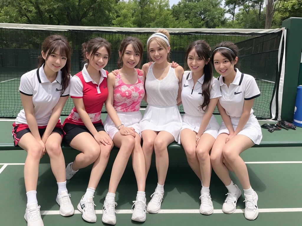 highest quality、High resolution、High definition、8K、20 year old beauty、(three women),cute hairstyle,perfect skin,huge breasts、Look at me happily、smiling、laughing、sexual expression、Upper body、 Tennis Dressesスタイル、 Tennis Dresses、可愛らしいTennis Dressesを選びましょう。Something with frills or lace details、We recommend items with colorful prints.。 shorts、Tennis Dressesの下にはshortsを着用しましょう。Easy to move、Good material that absorbs sweat。 head band、To wipe away the sweat flowing from my head、可愛いhead bandをつけるとおしゃれで機能的です。 Tennis Shoes、専用のTennis Shoesを選びましょう。Choose one with cushioning and stability、You can play comfortably。 テニスshortsスタイル、 polo shirt、スポーティでクラシックな印象のpolo shirtを選びましょう。The bright colors and colorful stripes are cute。 テニスshorts、Easy to move、汗を吸収する素材のテニスshortsを選びましょう。Choose your favorite colors and patterns to express your individuality。 socks、Tennis Shoesと合わせて、スポーティなsocksを選ぶとおしゃれです。Items with colorful patterns and logos are also cute.。