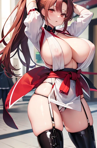 Very cute and beautiful girl, high kick, High-speed multi-stage kick, motion blur, Fatal Fury, large crowd,
(Mai Shiranui), brown eyes, ponytail, (((shiny clothes))) (((Shiny leather))) red adult ninja costume, Red Japanese clothes with small area, (pelvic curtain),  (very big boobs:1.5) (Big breast beauty salon piece, best quality, 1 girl, modelshoot style, solo, (Highly detailed 8K wallpaper), (Wrap a black sash belt around your waist:1.2),(Black High Boots:1.5),Forehead,パンツを見られて恥ずかしがる顔,open your mouth,(whitepanty:1.5),White High Leg,erect nipples,panty shot,No sleeve,cleavage looks bigger