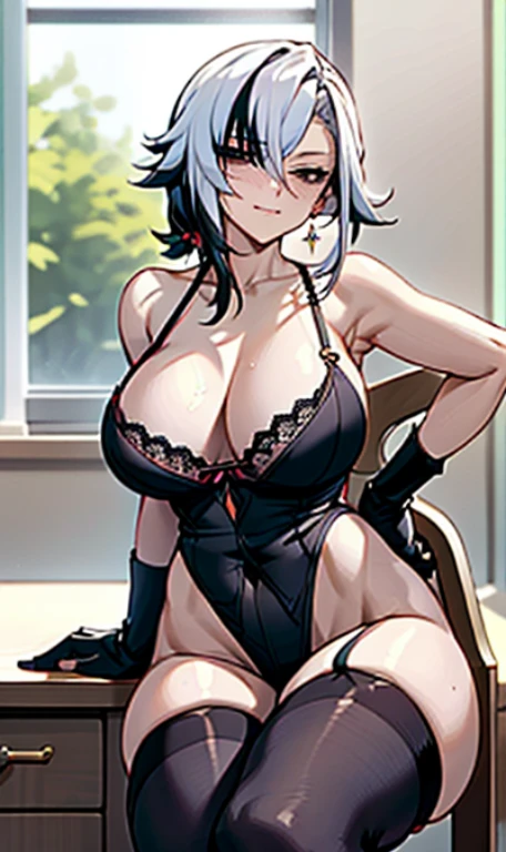 NSFW, ((POV)), arlecchino, arlecchino from genshin impact, office lady, big tits, cool girl, a quiet and serious girl, badass, firm expression, evil smile, look down, sexy model pose, office background, fine background, leg loops, black stocking, full body, sitting on the chair, ((naked)), bra, underpants, sexy black underwear, armpits, leaning