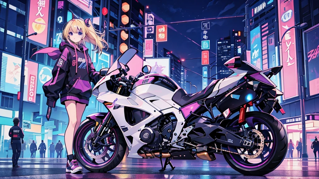 (1 girl, blonde hair, blue eyes, black hoodie, kawaii), (racer bike, street racer), (purple cyberpunk, night city, purple neon)