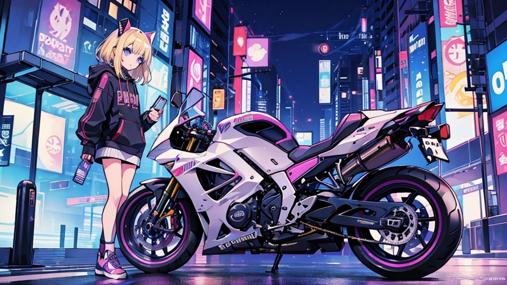 (1 girl, blonde hair, blue eyes, black hoodie, kawaii), (racer bike, street racer), (purple cyberpunk, night city, purple neon)