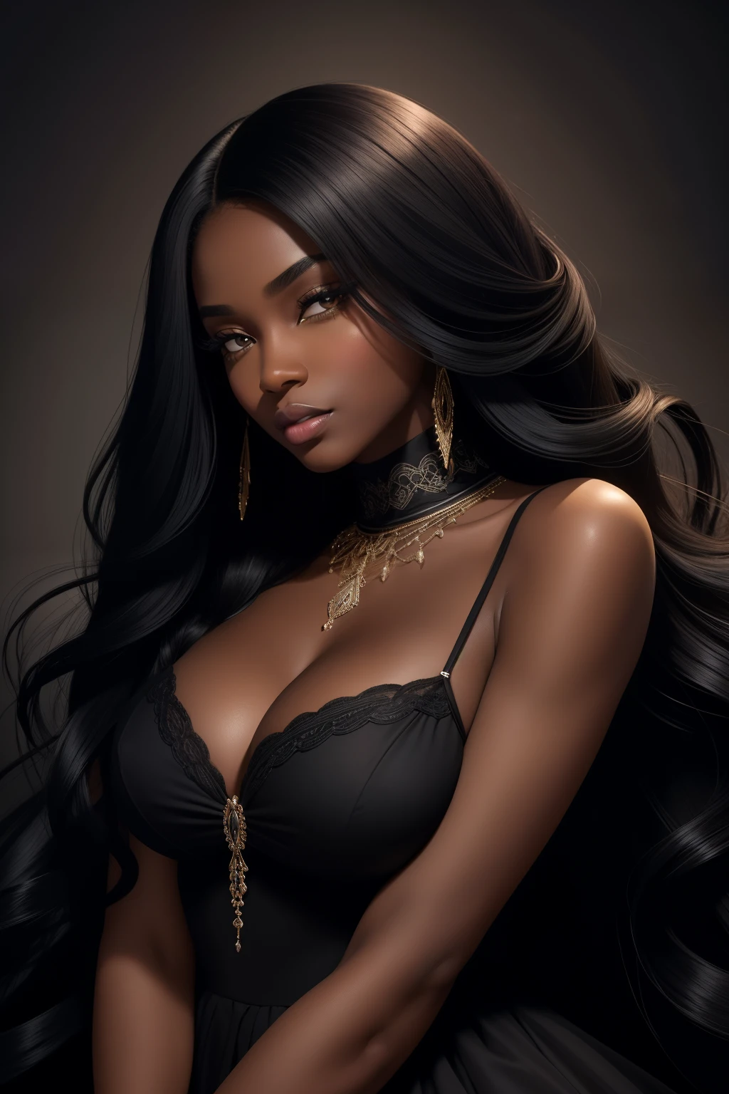 A striking, alluring portrait of a mesmerizingBlack woman in her twenties, her long, lustrousblack hair cascading down her shoulders, framing her delicate features and full lips. Her dark, velvety skin glows, contrasting beautifully with the soft, flowy fabric of her short skirt that gracefully hugs her toned, long legs. The image is rendered in the highest definition, with captivating rich colors, sharp focus, and seamless detail, invoking a sense of elegance and grace. --s2

Or:

A beautiful and captivatingclose up portrait of a stunning Black woman in her twenties, her long, black tresses shimmering under