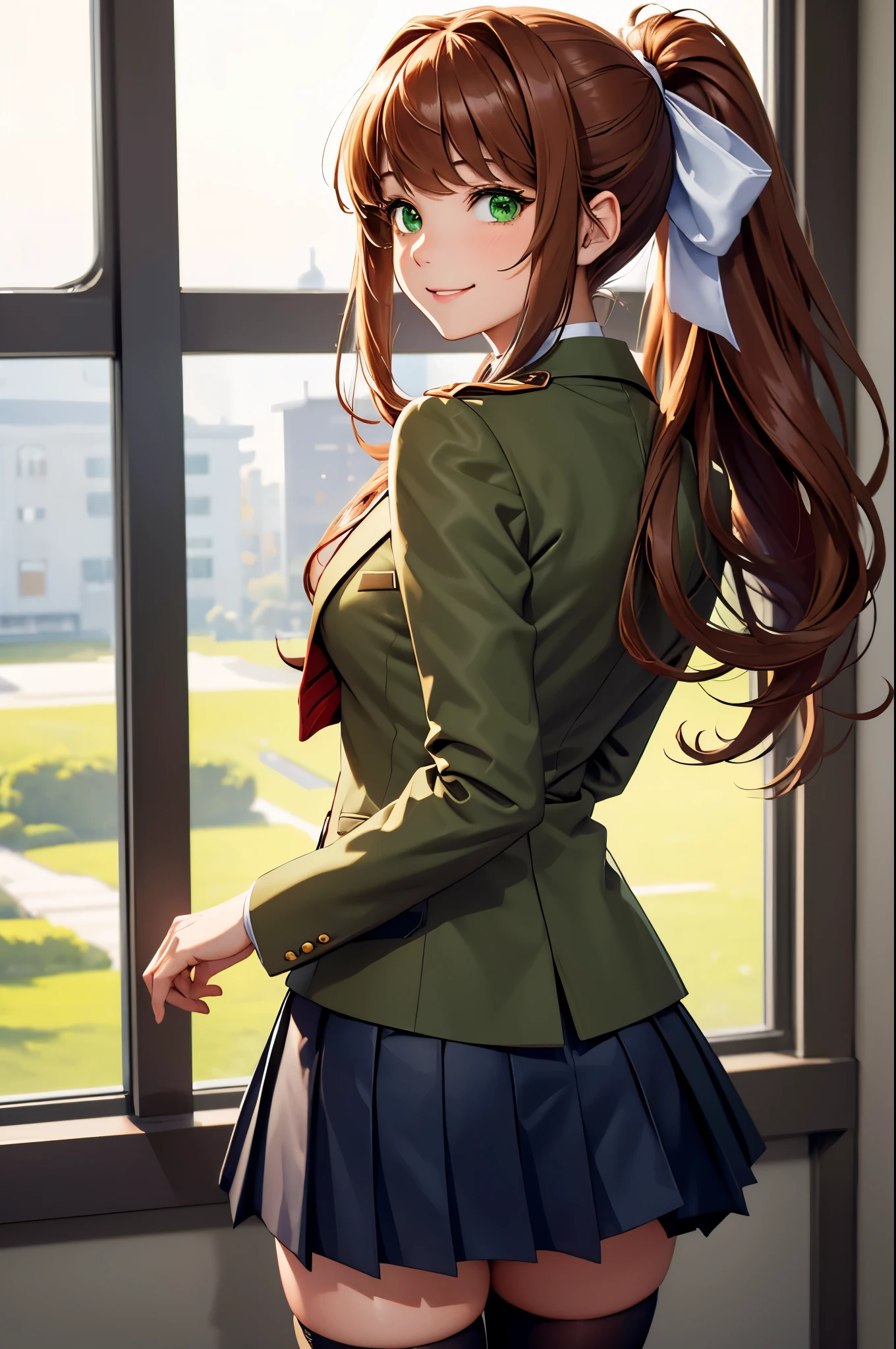 (masterpiece), best quality, expressive eyes, perfect face, highres, ddlcmonika, blunt bangs, brown hair, (green eyes:1.5), long hair, ponytail, ribbon, white ribbon, hair ribbon, sidelocks, black thighhighs, blue skirt, brown jacket, jacket, long sleeves, mary janes, over-kneehighs, pleated skirt, school uniform, shoes, skirt, thighhighs, zettai ryouiki, smiling, indoors, classroom background, stanidng,upper body portrait, looking at the viewer, from behind and frontal, butt, hand on hip
