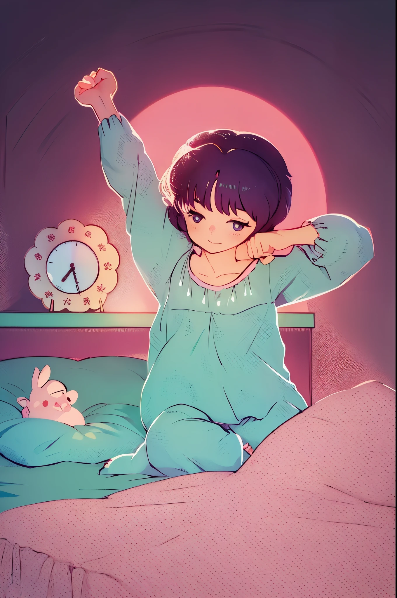 anime girl waking up in bed with piggy bank and clock in the background, pose (arms up + happy), by Rumiko Takahashi, anime poster, Ranma 1/2 anime style, waking up, omori, wearing a nightgown, in detailed anime style, illustration anime, super detailed, beautiful lighting