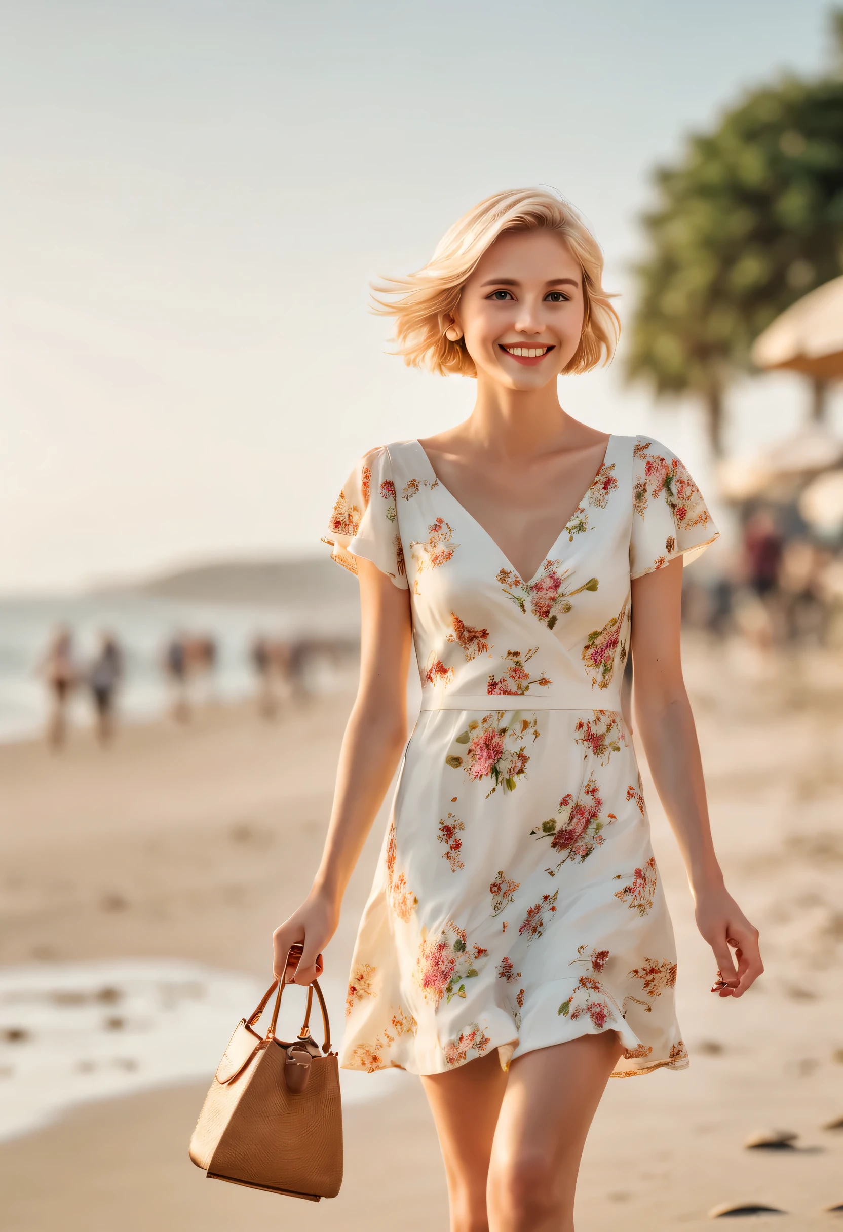 F/4.0, Sony FE General Manager, ultra high definition, high resolution, high detail, high quality, A young blonde short haired girl is walk on the beach, (22 years old) smiling, (she is wearing a white Floral dress), (She is holding a small handbag: 1.5) and (her other hand is holding a Starbucks coFFee: 1.33), (Photo shows the girl&#39;s side), (her shoulder Facing the camera lens), (walk), (walk on the side: 1.37) Hair to calves, bright sunshine