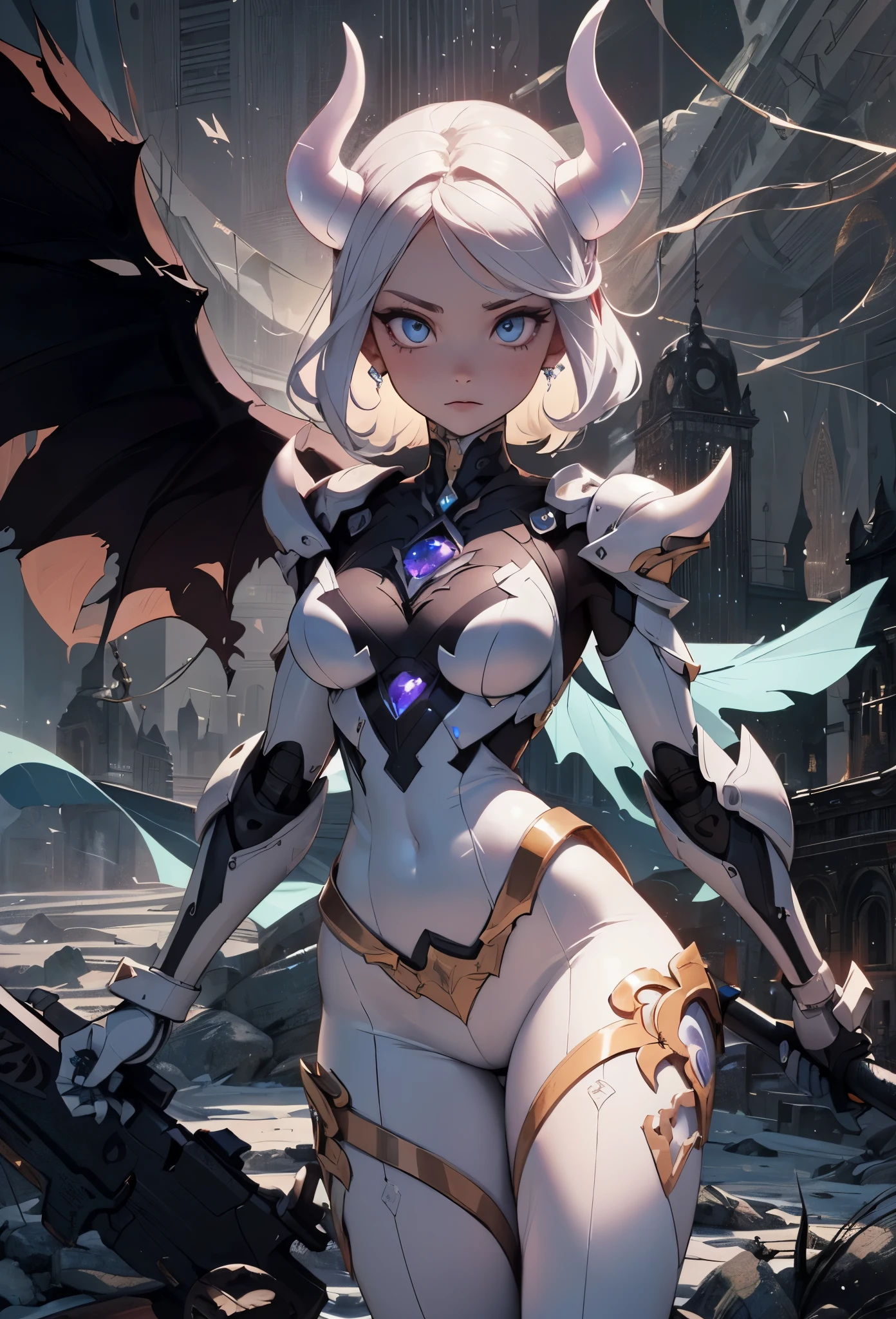 ((Highly accurate drawing in every detail)Extremely precise depiction)[High resolution],(detailed illustrations,Very detailed and precise drawing,Delicate drawn lines with tempo,Realistic texture expression),[color traced main line],(Fantasy World Battlefield Background [burning castle]),(GIRL ROBOT  (White Devil [METALFACE[clear lenticular iris]] (SKINNY)) [WEAPON MACHINE][milky],[BODY with EDGE [Transparent material]],[use an ax as a weapon],[[Mobile Weapon Gigant Size][science fiction mechanical]],(Pearl white luster on the body surface),(intricate and beautiful decoration [Dense detail]),(Precisely drawn face)[perfect eye details(Beautifully detailed iris)(Eyes like deep jewels)],(eyes light[Pinpoint lighting for the eyes]),[long and beautiful eyelashes],[precisely drawn hair [Beautiful and shiny hair details]],(perfect hand details [Beautiful fingers with no damage [beautiful nails]]),(perfect anatomy(perfectly balanced proportions))[[full body portrait]],[ideal color coordination(Accurate simulation of light and material interactions)],[Visual art that tells a story].