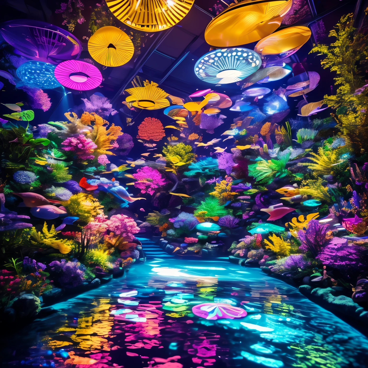 best quality, 32k, RAW photo, incredibly absurdres, extremely detailed, AI partner, round aquarium filled with water, a cute chibi girl swimming in it, iridescent bubble, wall full of gears and electronic components that emit rainbow colors, rainbow colors neon line light, delicate, flashy and dynamic depiction, 3D, fantasy, professional lighting
