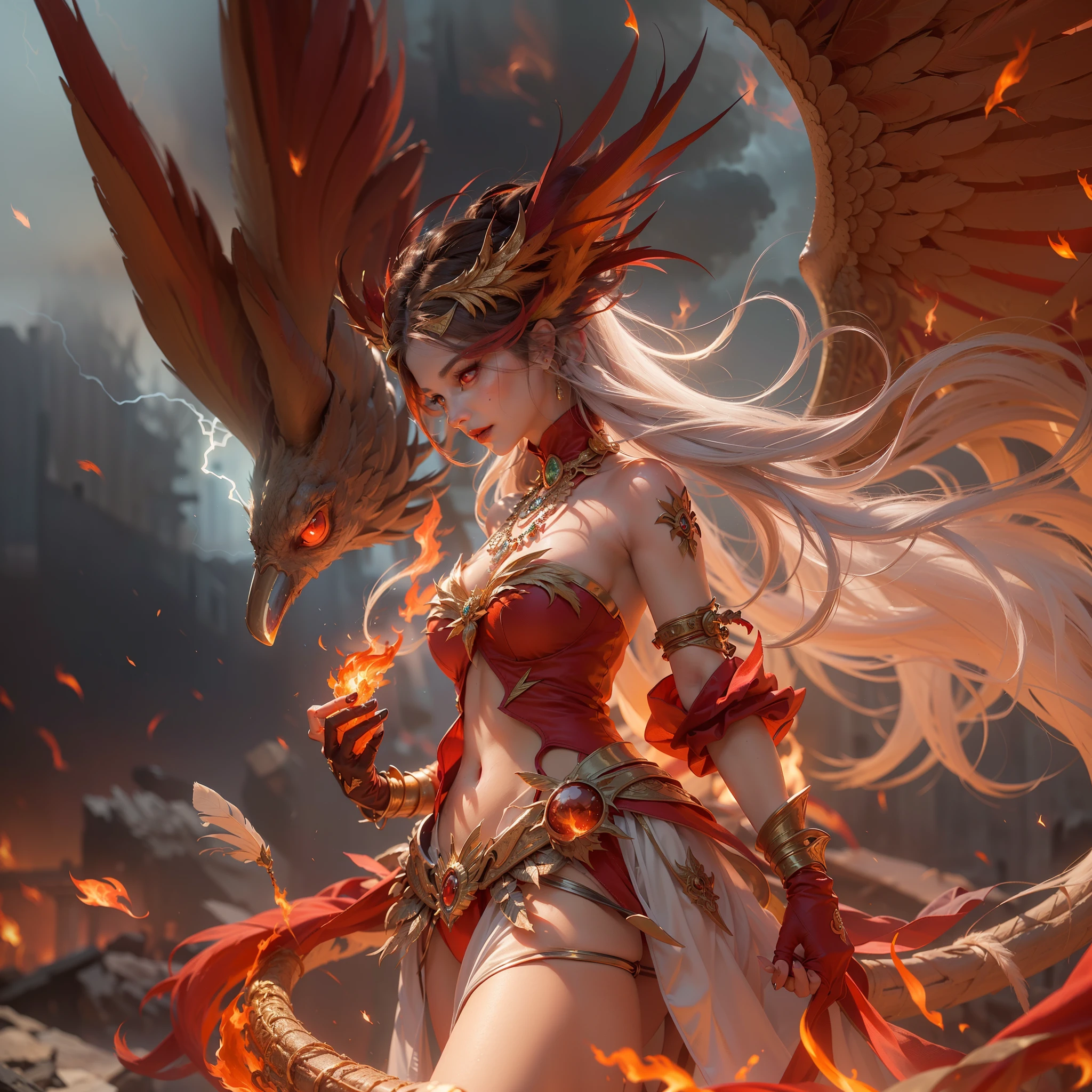 (Numerous award-winning masterpieces, with incredible detail, textures and maximum detail), (hyper realistic:1.4), (realistic:1.3), (best quality real texture skin), (finely detailed true circle Symmetrical eyes), finely detailed face, ((me Phoenix world)), ((The Lord's blaze Phoenix)), (burn brightly icy look in the eye), (She has a mischievous smile on her face), (Eyes that glow red in the dark:1.5), (A pair of red eyes with strong red light emitting from within:1.5), (Flames and flames swirling in the background), (Dramatic Light), (A majestic sight), (Her countenance is gentle and beautiful, but somehow terrifying), Glass earrings on the ears, (dramatic photo:1.4), ((dramatic pose)), (golden hair), (silver hair), (chestnut hair), Short cut hair, ((looks up)), ((looking down)), (Around her neck is a simple necklace of exquisite workmanship), (Bio luminescence with a brilliant glow:1.3), (Use flashy flame magic:1.6), (Swirling flames), The Great Temple of the Devil, The Devil's Grand Shrine, great temple, great cathedral, temple ruins, detached temple, (Luminous magic circle:1.3), Ruins of an ancient castle, Shining majestic cloud masses and sky, lightning bolt, epic realistic, faded, art, (Greg rutkowski:0.8), (teal and orange:0.4), (art station:1.5), cinematic, ((neutral colors)), (hdr:1.5), (muted colors:1.2), hyper detailed, dramatic light, (intricate details:1.1), complex background,(4K)、((Phoenix feathers on the back))、(full body standing image),(realistic:1.8)、(high resolution )