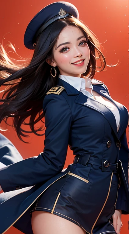 (UHD, retina, masterpiece, Accurate, anatomically correct, rough skin, Super detailed, advanced details, high quality, 最high quality, High resolution, 1080P, HD, 4K, 8K, 16k), (beautiful and fine eyes, beautiful detailed lips, highly detailed eyes and face), studio lighting, Physically based rendering, Bright colors, (big breasts, glamorous body), (royal red color, sexy navy uniform coat,mini skirt,Class Chapter:1.5), (peak cap:1.2), (portrait, shiny hair, shiny skin, blush, hair blowing in the wind), (simple background, Bokeh:1.5), eye reflection, jet black hair, (Smile and laugh:1.5),