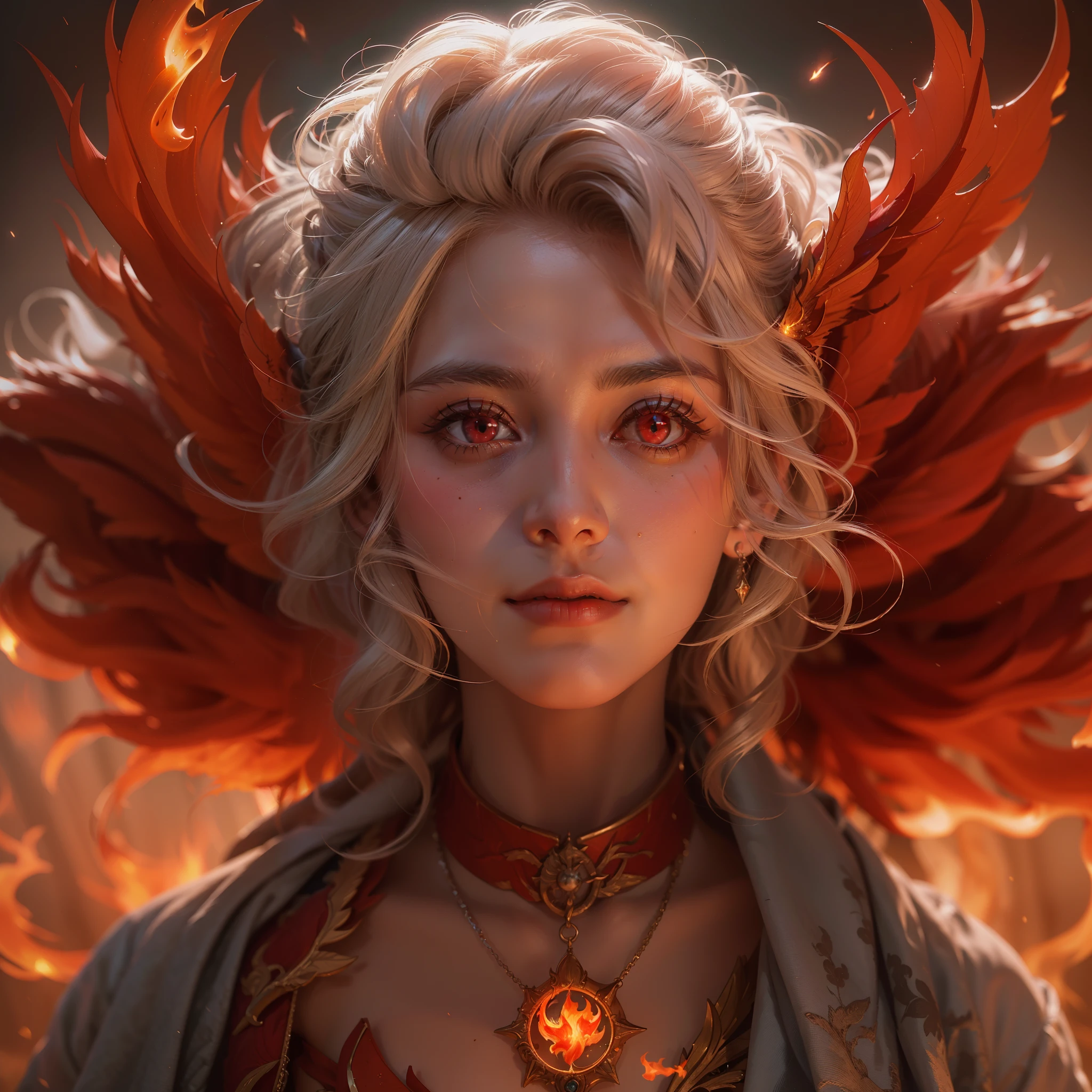 (Numerous award-winning masterpieces, with incredible detail, textures and maximum detail), (hyper realistic:1.4), (realistic:1.3), (best quality real texture skin), (finely detailed true circle Symmetrical eyes), finely detailed face, ((medieval world)), ((The Lord's blaze Devil)), ((The Lord's hellfire Devil)), (burn brightly icy look in the eye), (She has a mischievous smile on her face), (Eyes that glow red in the dark:1.5), (A pair of red eyes with strong red light emitting from within:1.5), (Flames and flames swirling in the background), (Dramatic Light), (A majestic sight), (Her countenance is gentle and beautiful, but somehow terrifying), Glass earrings on the ears, (dramatic photo:1.4), ((dramatic pose)), (golden hair), (silver hair), (chestnut hair), Short cut hair, ((looks up)), ((looking down)), (Around her neck is a simple necklace of exquisite workmanship), (Bio luminescence with a brilliant glow:1.3), (Use flashy flame magic:1.6), (Swirling flames), The Great Temple of the Devil, The Devil's Grand Shrine, great temple, great cathedral, temple ruins, detached temple, (Luminous magic circle:1.3), Ruins of an ancient castle, Shining majestic cloud masses and sky, lightning bolt, epic realistic, faded, art, (Greg rutkowski:0.8), (teal and orange:0.4), (art station:1.5), cinematic, ((neutral colors)), (hdr:1.5), (muted colors:1.2), hyper detailed, dramatic light, (intricate details:1.1), complex background,(4K)、((Phoenix feathers on the back))、(full body standing image),