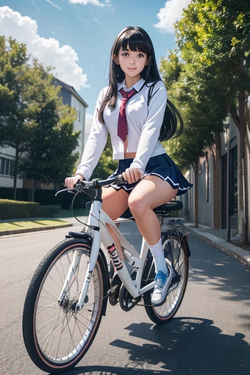 a beautiful school girl on bike near house and school in manga style, 1girl, ground vehicle, underwear, bicycle, panties, solo, skirt, long hair, black hair, outdoors, white panties, sky, day, blush, blue eyes, cloud, pantyshot, white socks, looking at viewer, socks, long sleeves, shoes, blue sky, bangs