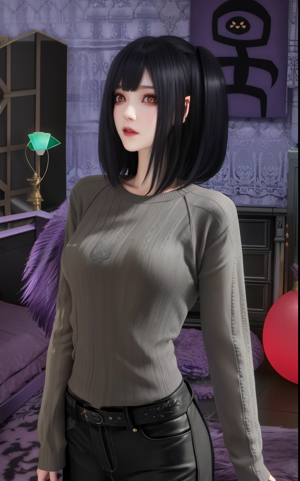 a woman stands in a room with a purple bed, Avatar of the second life, sensual, Gloomy style, black raven hair, slutty pose, creepy pose, sinister pose, with haunted eyes and dark hair, in a dark sweater, let&#39;s talk about yandere grimdark, Secondary life, with straight black hair, Sui Ishida with black hair, Gothic girl, everyday pose