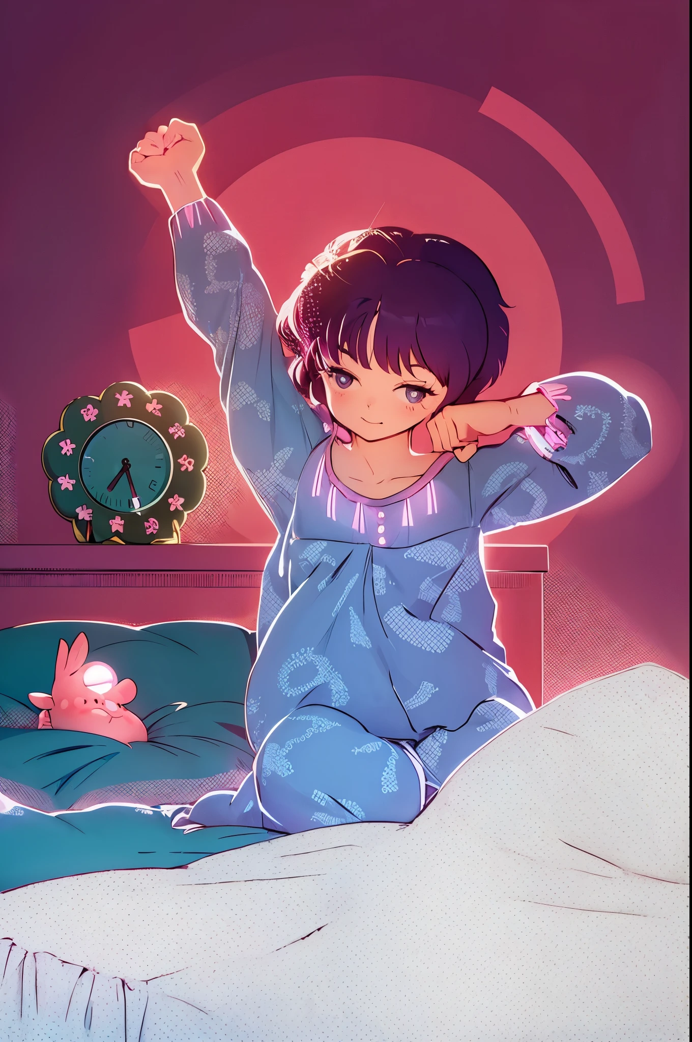 anime girl waking up in bed with piggy bank and clock in the background, pose (arms up + happy), by Rumiko Takahashi, anime poster, Ranma 1/2 anime style, waking up, omori, wearing a nightgown, in detailed anime style, illustration anime, super detailed, beautiful lighting