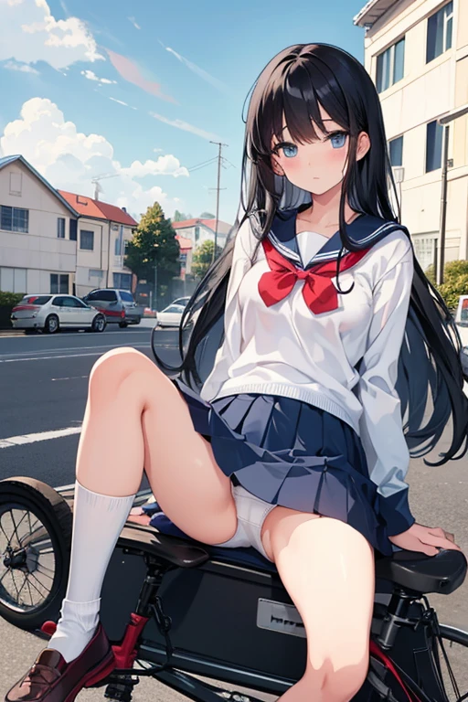 a beautiful school girl on bike near house and school in manga style, 1girl, ground vehicle, underwear, bicycle, panties, solo, skirt, long hair, black hair, outdoors, white panties, sky, day, blush, blue eyes, cloud, pantyshot, white socks, looking at viewer, socks, long sleeves, shoes, blue sky, bangs