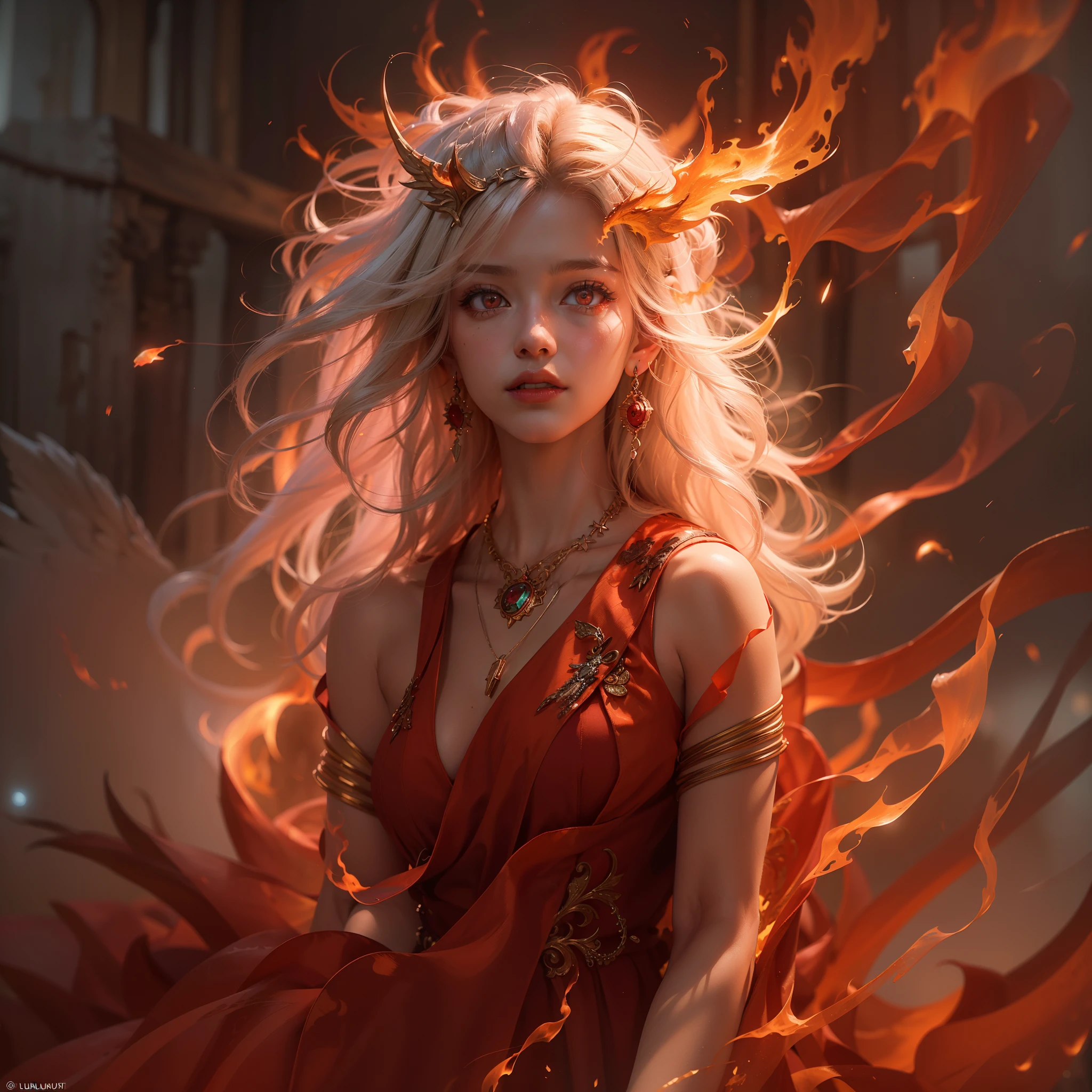 number々Award-winning masterpieces of, with incredible detail, textures and maximum detail), (hyper Realistic:1.4), (Realistic:1.3), (Top quality real texture skins), (precise, Perfect circle, Symmetrical, Eye-catching, Delicate face, ((medieval world)), (((full-length portrait))), ((angel of fire)), ((angel of hell fire)), (let your eyes burn brightly ), (((full-body standing image))), (She has a mischievous smile on her face), (Eyes that glow red in the dark:1.5), (A pair of red eyes with strong red light emitting from within:1.5), bio luminescent, (背景にSwirling flamesと炎), (Dramatic light), (A majestic sight), (Her countenance is gentle and beautiful, however、Somehow horrible), Glass earrings on the ears, (dramatic photography:1.4), (((gives full-body standing image))), ((dramatic pose)), (flamboyant photo), (Golden hair), (Silver hair), (Chestnut hair), short cut hair, ((looks up)), ((Looking down)), (Around her neck is an elaborately crafted necklace..), (bio luminescent with brilliant brilliance:1.3), (Use fancy flame magic:1.2), (Swirling flames), The Great Temple of the Devil, cathedral、 (Luminous magic circle), Ruins of an ancient castle, Shining majestic cloud masses and sky, lightning bolt, epic Realistic, Faded, Art Book, (Greg Rutkowski:0.8), (teal and orange:0.4), (Art Book station:1.5), Cinematic, ((Neutral colors)), (nffsw:1.5), (Muted colors:1.2), Hyper Detailed, Dramatic light, (Intricate details:1.1), Complex background,fierce flames surround、(Incredibly realistic, 4K)
