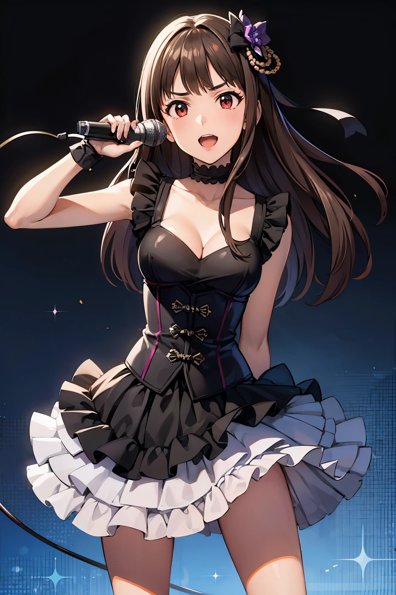 ((masterpiece, best quality, ultra-detailed, very fine 8KCG wallpapers)), 1girl, solo, medium breasts, idolmaster, black gothic dress, red eyes, open mouth, hair ornament, cleavage, dress, ribbon, frills, microphone stand, microphone, nice hands, perfect hands,