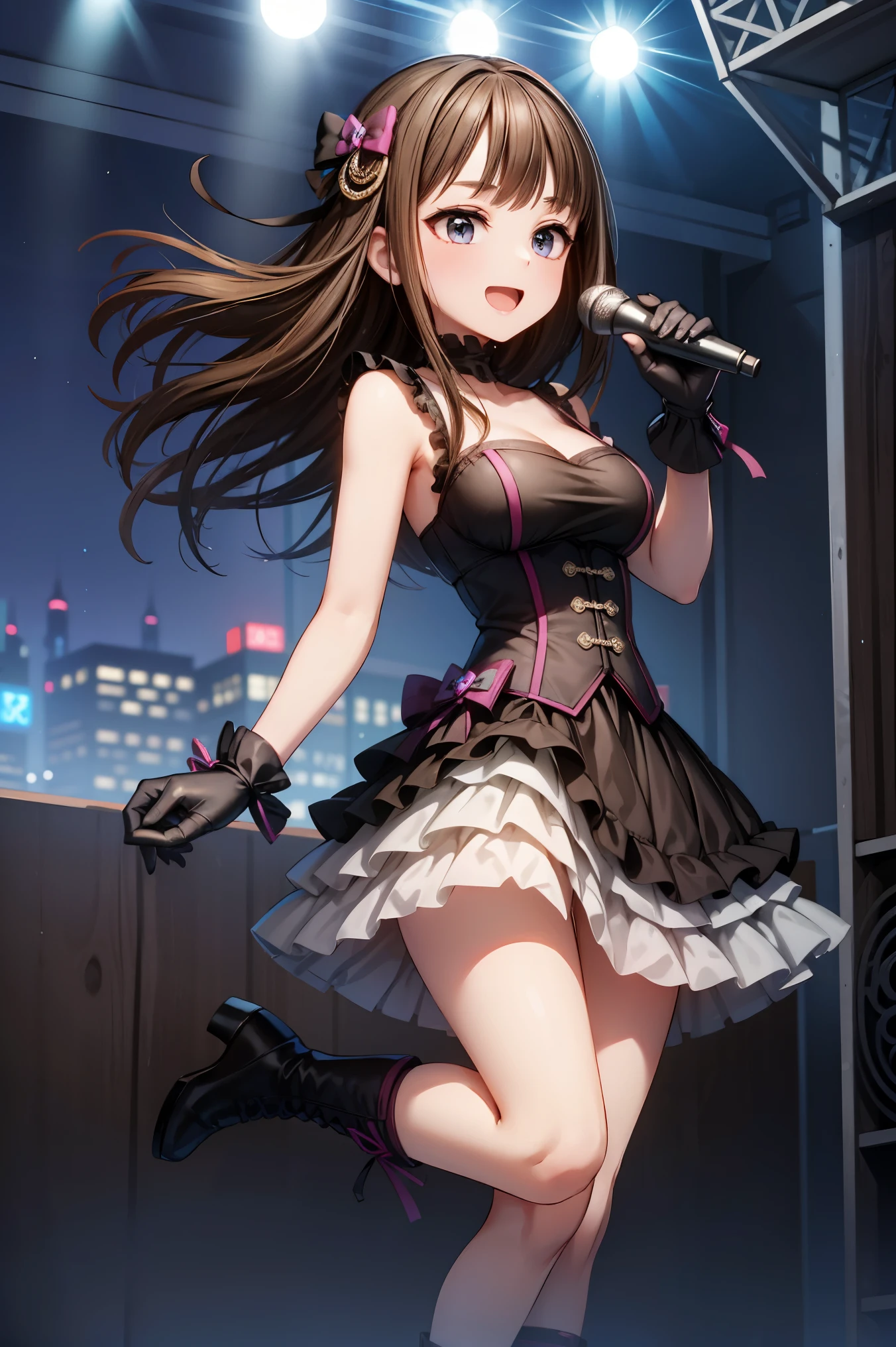 ((masterpiece, best quality, ultra-detailed, very fine 8KCG wallpapers)), 1girl, solo, medium breasts, idolmaster, black gothic dress, black hair, :D, bow, hair bow, collarbone, boots, jewelry, sleeveless, skirt, holding microphone, nice hands, perfect hands,