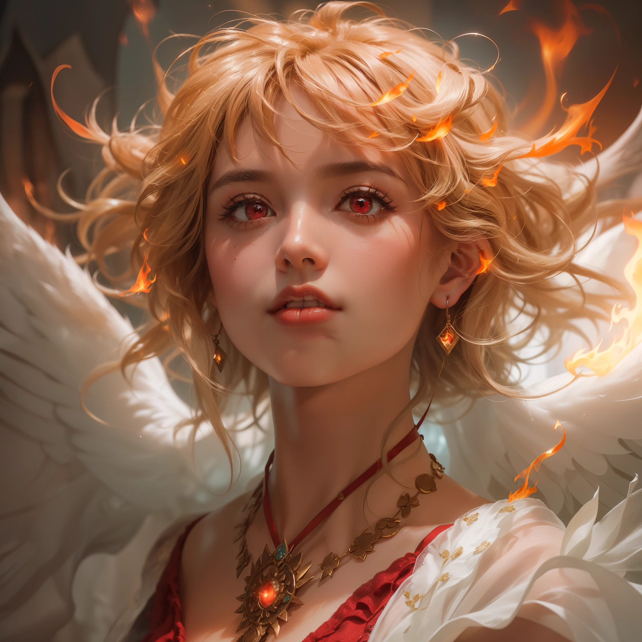number々Award-winning masterpieces of, with incredible detail, textures and maximum detail), (hyper Realistic:1.4), (Realistic:1.3), (Top quality real texture skins), (precise, Perfect circle, Symmetrical, Eye-catching, Delicate face, ((medieval world)), (((full-length portrait))), ((angel of fire)), ((angel of hell fire)), (let your eyes burn brightly ), (((full-body standing image))), (She has a mischievous smile on her face), (Eyes that glow red in the dark:1.5), (A pair of red eyes with strong red light emitting from within:1.5), bio luminescent, (背景にSwirling flamesと炎), (Dramatic light), (A majestic sight), (Her countenance is gentle and beautiful, however、Somehow horrible), Glass earrings on the ears, (dramatic photography:1.4), (((gives full-body standing image))), ((dramatic pose)), (flamboyant photo), (Golden hair), (Silver hair), (Chestnut hair), short cut hair, ((looks up)), ((Looking down)), (Around her neck is an elaborately crafted necklace..), (bio luminescent with brilliant brilliance:1.3), (Use fancy flame magic:1.2), (Swirling flames), The Great Temple of the Devil, cathedral、 (Luminous magic circle), Ruins of an ancient castle, Shining majestic cloud masses and sky, lightning bolt, epic Realistic, Faded, Art Book, (Greg Rutkowski:0.8), (teal and orange:0.4), (Art Book station:1.5), Cinematic, ((Neutral colors)), (nffsw:1.5), (Muted colors:1.2), Hyper Detailed, Dramatic light, (Intricate details:1.1), Complex background,fierce flames surround、(It's hard to tell it from reality.)
