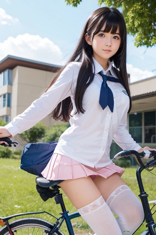 a beautiful school girl on bike near house and school in manga style, 1girl, ground vehicle, underwear, bicycle, panties, solo, skirt, long hair, black hair, outdoors, white panties, sky, day, blush, blue eyes, cloud, pantyshot, white socks, looking at viewer, socks, long sleeves, shoes, blue sky, bangs