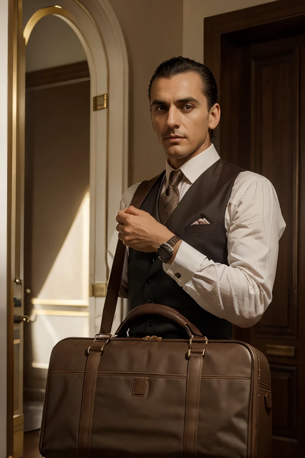Genere una imagen visualmente cautivadora de Victor Lustig sosteniendo una maleta llena de dinero en una escena que rezuma encanto e intriga.. Imagina a Lustig vestido con un atuendo sofisticado., capturing his charismatic demeanor and cunning charm. Pay attention to details like their facial expression., Lenguaje corporal, and the way he holds the suitcase to convey a sense of confidence and achievement.. Surround it with an atmosphere that hints at the glamor of the early 20th century., perhaps incorporating subtle elements that allude to its legendary cons. Make sure lighting and ambience complement the narrative., creating a composition that arouses curiosity and fascination around the charismatic and elusive personality of Victor Lustig..