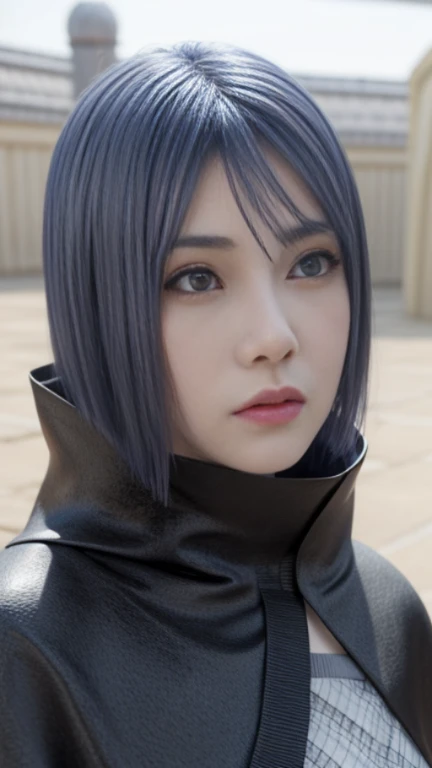 young woman, pale skin, short blue hair with side bangs, almond eyes, thin lips, black akatsuki cape, Konan, realism, 3d