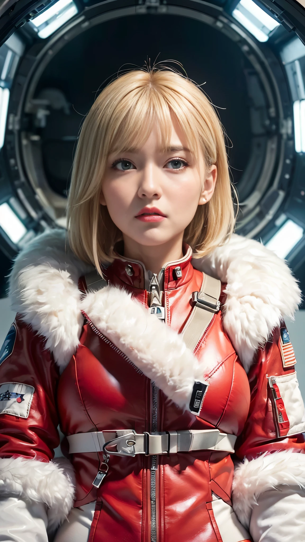 (hyper real)、future female pilots、
Huge　Beautiful woman　High level image quality　High resolution　realistic　short hair　blonde、　blondeの女性、mature woman、middle-aged women、((big big skin texture、超High resolution、realistic、Chubby body type、angry face、beauty of middle age、beautiful expression、Detailed green ironed fluffy hair、Kamimei、Very delicate and delicate skin texture、３５A woman piloting a giant space station)、female pilot batlight red lips、((Wear a red flight suit))、(((alone)))、