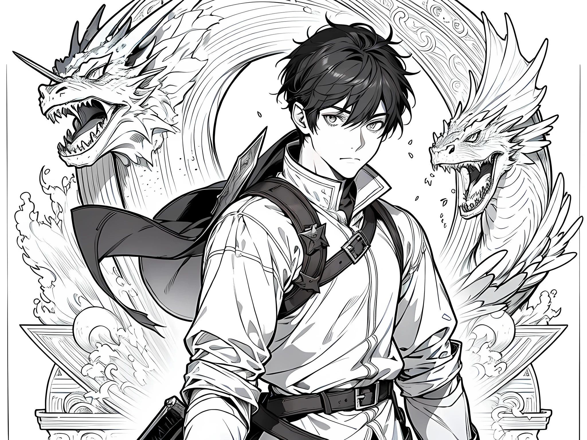 ung man (adventurer), wearing Grimgar of Fantasy and Ash adventurer outfit style, bring sword on his back, face to detail, black eyes, detailed eyes, black hair, short hair, solo player, the background is magical beast like dragon surrounding his body, monochrome (clear line, lineart)