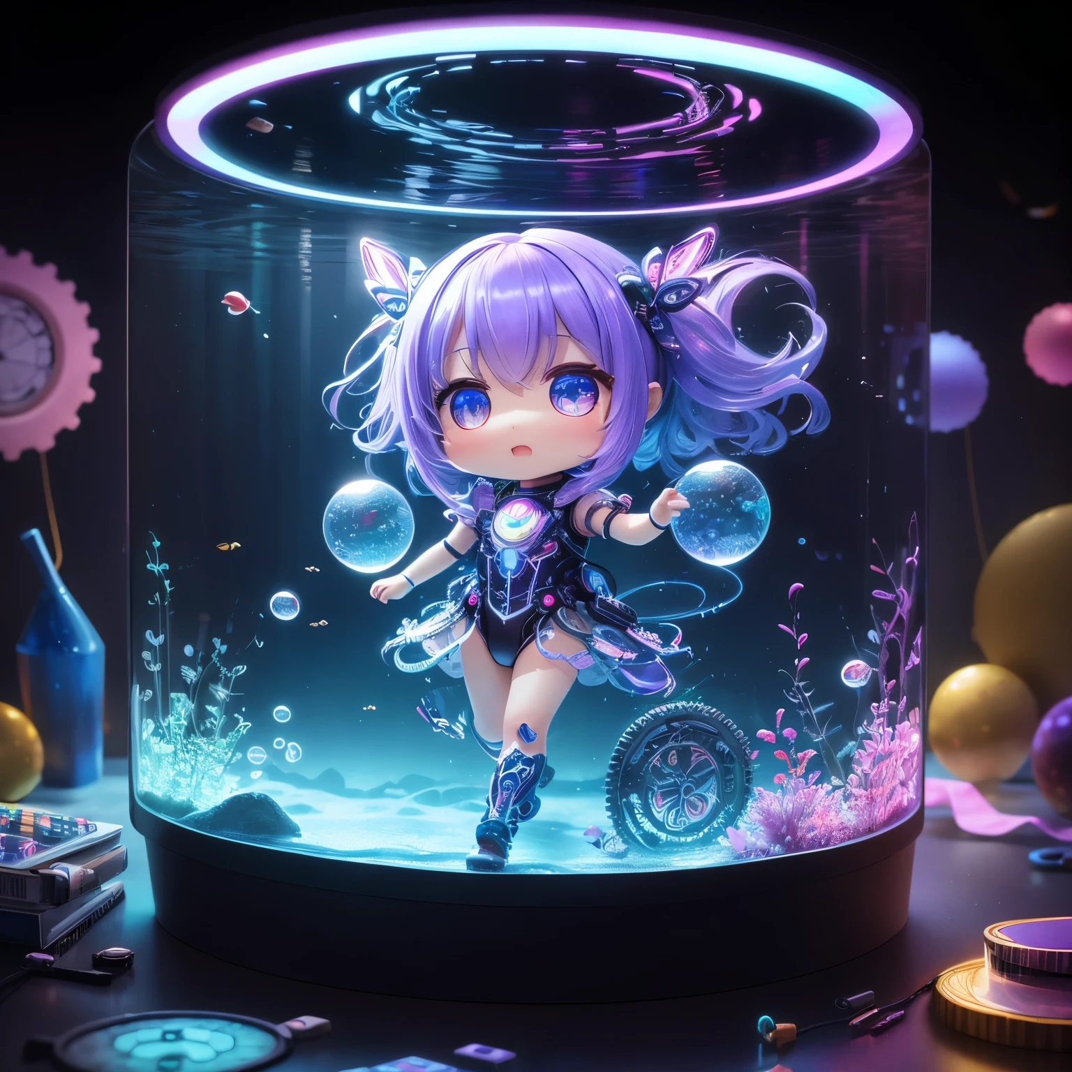 best quality, 32k, RAW photo, incredibly absurdres, extremely detailed, AI partner, (chibi, super deformed, full body, 3D), round aquarium filled with water, a cute chibi girl swimming in it, iridescent bubble, wall full of gears and electronic components that emit rainbow colors, rainbow colors neon line light, delicate, flashy and dynamic depiction, 3D, fantasy, professional lighting