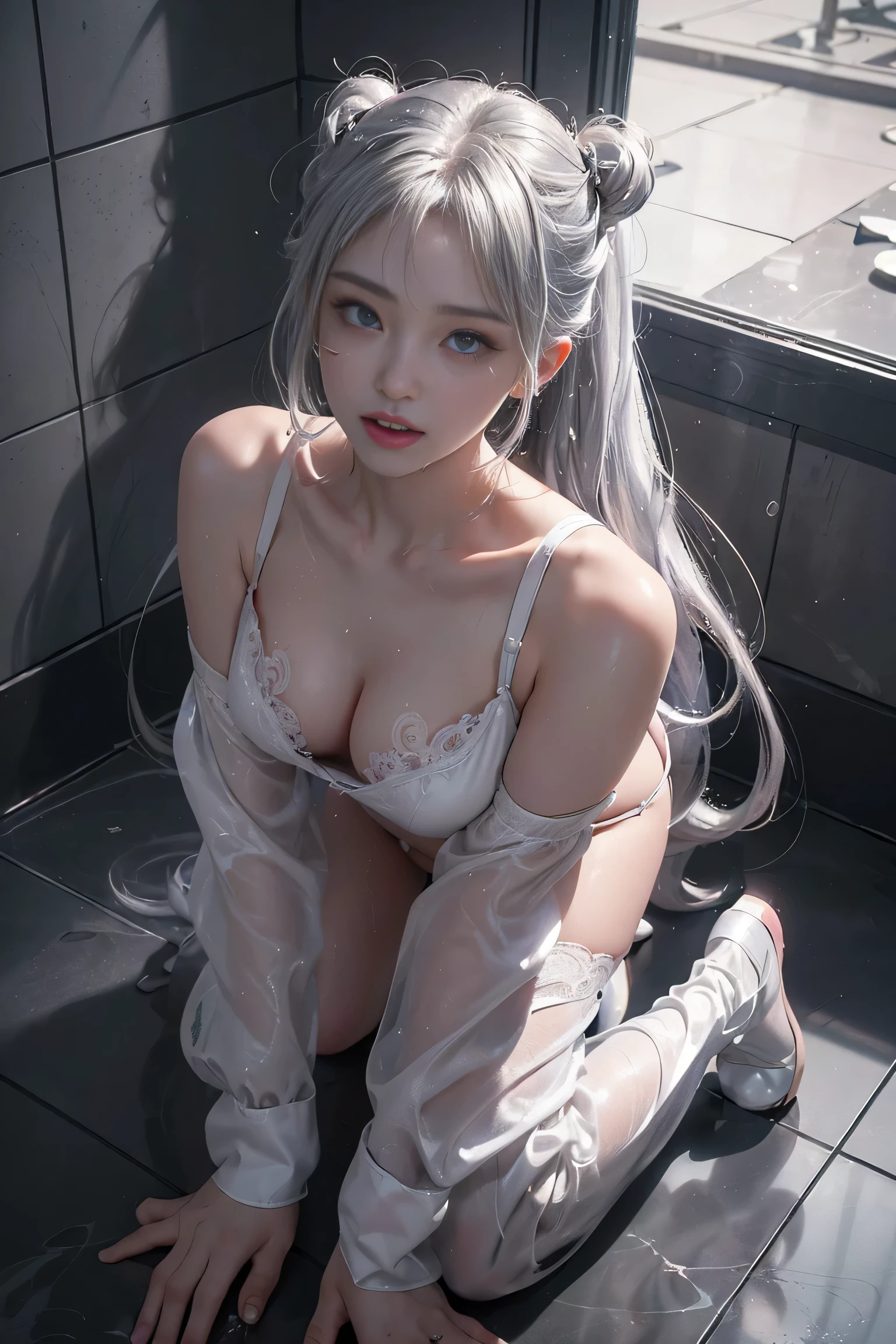 （(Woman on all fours in bathroom)）、1 girl, silver hair, striped hair, bangs, 鈍いbangs, long hair, pink hair, aqua eye, long eyelashes, purple eyes, compensate, smile, parted lips, realism, verism, surrealism, written boundary depth, one person&#39;point of view, f/1.8, 135mm, canon, nffsw, retina, table top, Accurate, anatomically correct, rough skin, Super detailed, advanced details, high quality, 最high quality, High resolution, 1080P, hard disk, 4K, 8K,（whole body angle））((sexy pose))、(camel toe）、sexual excitement、sexual expression、shiny skin。realistic, joy, Portrait of a beautiful girl, (From above:1.3), (最high quality:1.2), Super detailed, advanced details, Mask work shining with beautiful blue eyes、gray hair、silver hair、((beautiful breasts :1.1)), (exposed chest）0p、mix４, (best shadow: 1.1), shiny skin。realistic、photographrealsitic:1.37)、(K-POP idol), (detailed face), gray hair, long hair, Maid clothes, jewelry、（(Woman on all fours in bathroom)）photographrealistic, High resolution, 1 female, one personで, hip up, show viewer, (detailed face), gray hair, long hair,gray hair、silver hair、((beautiful breasts :1.1)), ((, No bra)), (exposed chest）0p、 (best illustrations: 1.1), (best shadow: 1.1)、とてもbeautiful breasts、grab your chest with both hands、 spread your legs、sexual excitement、sexual expression、shiny skin。realistic、photographrealsitic:1.37)、(K-POP idol)、medium hair、(pink blush)、(reveal)、[[spread your legs、spread your legs apart]]、(one personで)、dynamic pose、((nipple))、(puffy eyes:1.２)、 (slim legs)、erotic、nffsw、very detailed ambient occlusion、超High resolution, 超realistic, very detailed, (yawning), (((Exhibitionism))), ((she is wet)).photograph、（I&#39;urinating）