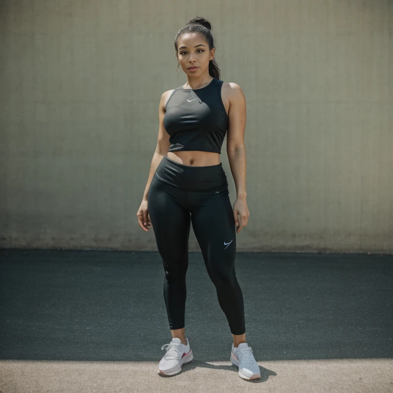 A young Black-haired, tan-skined woman, tattoos, braided pigtails, red sports bra, grey yoga pants, jogging on the sidewalk