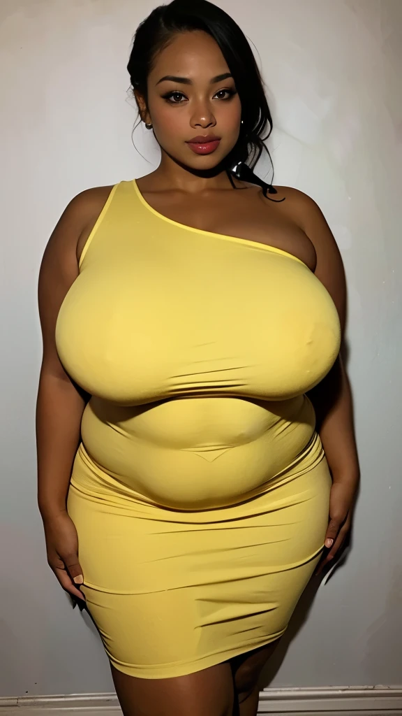 A woman wearing a yellow one-shoulder dress posing for a photo、gentle smile、thick, (Super Strong Super Huge gigantic breasts、Insanely bulging:1.5)、Thick serving、rubenesque, curved hourglass illustration, Curvaceous, Curvaceous, thick body, (skinny waist and thick hips，widehip、Insanely bulging ass:1.5)、tight dress, plus sizeの, thick build, thick, plus size, young woman, plus size woman, lady using yellow dress