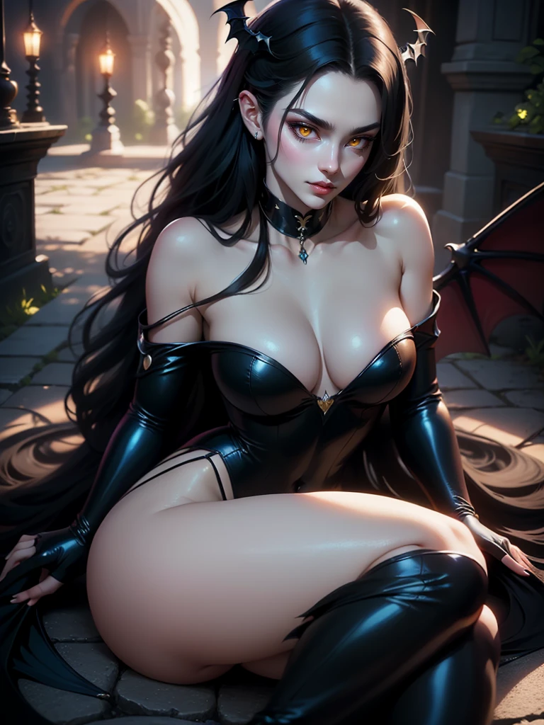 (masterpiece, top quality, best quality, official art, beautiful and aesthetic: 1.2), (1 woman: 1.3) Succubus girl, long black hair, yellow eyes, succubus wing, attractive, sitting on the ground, backwadrs, Looking back. Very sexy, with chin resting on shoulder, moonlight