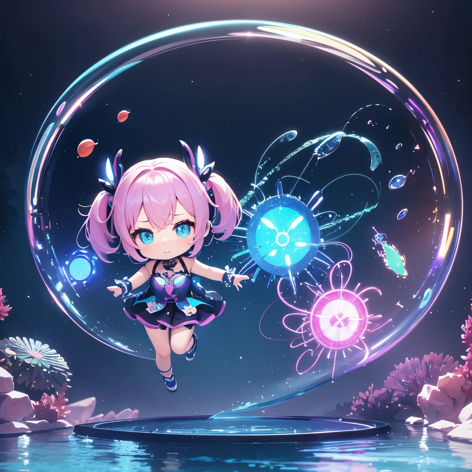 best quality, 32k, RAW photo, incredibly absurdres, extremely detailed, AI partner, (chibi, super deformed, full body, 3D), round aquarium filled with water, a cute chibi girl swimming in it, iridescent bubble, wall full of gears and electronic components that emit rainbow colors, rainbow colors neon line light, delicate, flashy and dynamic depiction, 3D, fantasy, professional lighting