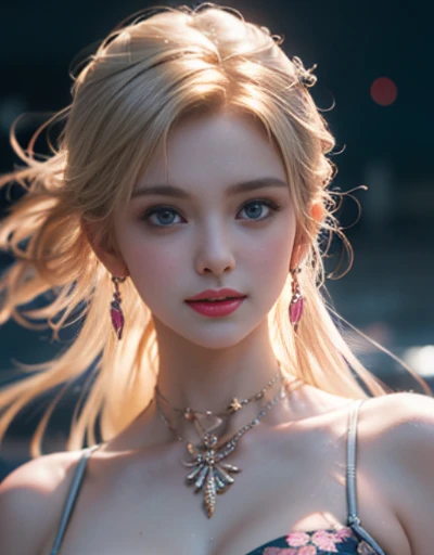 masterpiece，Highest image quality，Ultra-detailed quality ,extremely delicate and beautiful, Very detailed,best quality, official art, Extremely detailed CG unified 8k wallpaper, portrait photo, The most beautiful look，blonde hair, blue eyes，Radiant skin and radiant eyes, beautiful skin,(detailed lighting:1.2), (Beautiful and detailed light:1.3), deep understanding, beautiful nude color, complicated, number, Smooth, sharp focus, end of the world, epic reality,looking at camera， (high dynamic range:1.4),face camera， (pastel colors:1.4), Beautiful big breasts，end of the world的, give up, neutral color, night, screen space refraction, (complicated细节, super detailed:1.3), art station, shooting, vignette, complicated background, buliding，charming smile，Blushed，Shy，Detailed background，（Various colors of dream catcher earrings missing color，Color is black，white，pink，purple，Red，blue，orange color，green，blue，，），sexy and sultry，（exposed，camel toe，comb neatly，），The sexiest look，Ultra thin，translucent，lace，hollow out，Twisted braided kini swimsuit，hollow out比基尼，Floral Bikini，floral print bikini set,Zongyue mesh embroidered French strap bra，