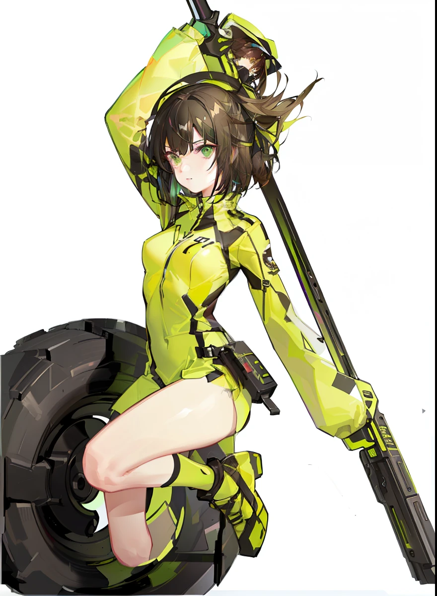 7 colors of long hair,black eye,Yellow-green gradient futuristic tights combat uniform,daughter,HD Graphics,Two-dimensional space,beer gesture,air bangs,Brown Hair Bob