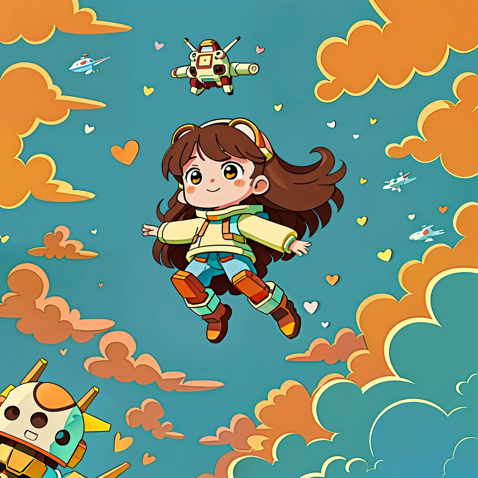 Girl with long brown hair，Put on the Gundam Robot Suit，Go up the stairs（towards the sky)（in the sea of clouds），（There is love）happy，Surrounded by love，Surrounded by love，O sign，vector，line art，design，inspiration，straight line，RHAD