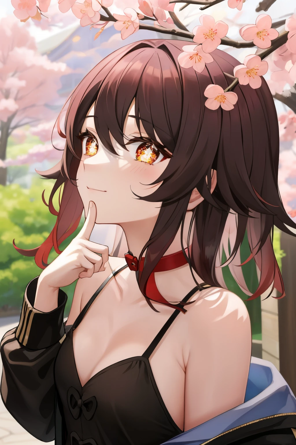 HuTaoV4,1girl,solo,short hair, off shoulder, collar bone, look at viewer, perfect fingers, armpit peek, Beautiful flowers bloom, (sparkles), (There is a blooming sakura),standing under a tree, (head looking up), Look at the tree, Natural soft light, macaron, Still ethereal, Crisp and smooth lines, radiant morning light, soft luminescent glow, casual clothes, jacket,finger simle
