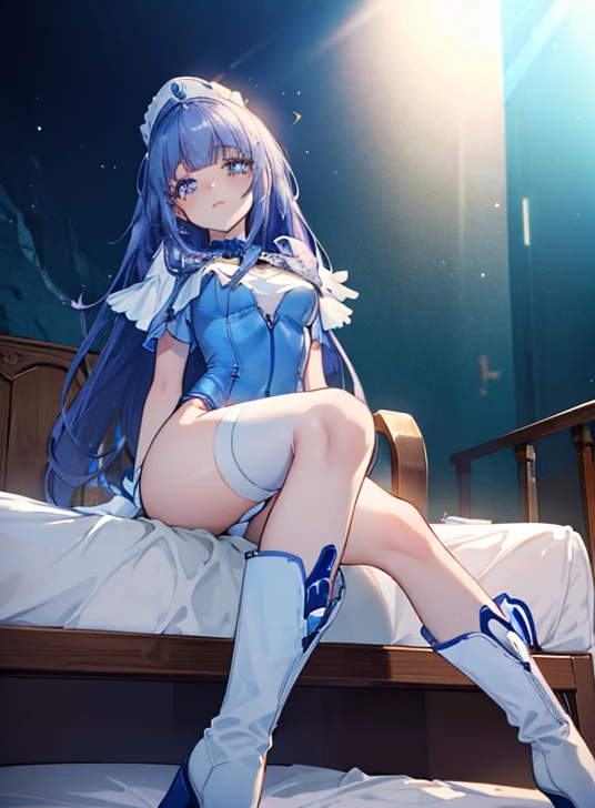 highest quality,sleep on your back in bed，Crab crotch，show me your boots，thigh high boots，leotardチラ見せ，glove，elegant, 1 girl, leotard，body suit，cute, blushed, looking at the viewer, from below, prison，blue eyes, beautiful eyes, beautiful background, particles of light, Light of the sun, dramatic lighting, outside, shiny, realistic, table top, highest quality, Super detailed, get used to it, scenery, beautiful and detailed eyes, thin hair，full body shot，