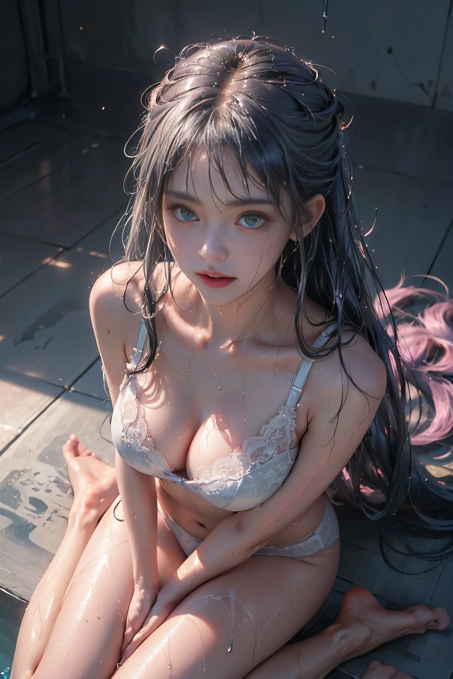 (((バスルームでkneel down女の子)))、1 girl, silver hair, striped hair, bangs, 鈍いbangs, long hair, pink hair, aqua eye, long eyelashes, purple eyes, compensate, smile, parted lips, realism, verism, surrealism, written boundary depth, one person'point of view, f/1.8, 135mm, canon, nffsw, retina, table top, Accurate, anatomically correct, rough skin, Super detailed, advanced details, high quality, 最high quality, High resolution, 1080P, hard disk, 4K, 8K,(whole body angle))((sexy pose))、(camel toe)、sexual excitement、sexual expression、shiny skin。realistic, joy, Portrait of a beautiful girl, (From above:1.3), (最high quality:1.2), Super detailed, advanced details, Mask work shining with beautiful blue eyes、gray hair、silver hair、((beautiful breasts :1.1)), (exposed chest)0p、mix4, (best shadow: 1.1), shiny skin。realistic、photographrealsitic:1.37)、(K-POP idol)、((kneel down))、messy hair、medium hair、(pink blush)、(one personで)、(sexy pose)、((nipple))、(puffy eyes:1.2)、 (slim legs)、erotic、nffsw、very detailed ambient occlusion、超High resolution, 超realistic, very detailed, (yawning), ((she is wet)).photograph,(wet lace underwear)