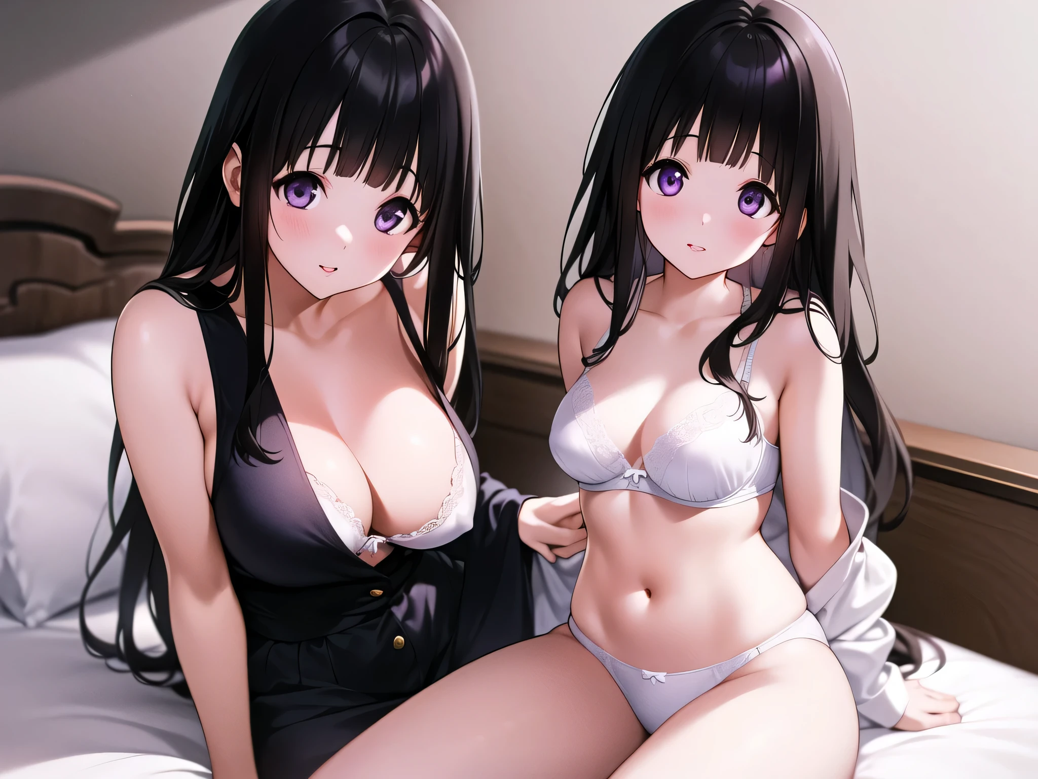 (A superb exquisite Chitanda Eru), purple eyes, black hair, natural straight hair, straight bangs, solo, nature, extremely delicate, straight facial features, peerless beautiful girl, soft, (sensual face), ((ecchi face)), dreamy quality, exaggerated facial features, solid color, frank holly, delicate face, bright lips, slender waist, soft curves, real light and shadow, super fine, 4k, natural moving, Ultra high resolution, (masterpiece:1.2, best quality), (finely detailed beautiful eyes: 1.2), (beautiful detailed face), sexy semi-nude model, sexy pose, Ultra high definition white bra and panties, erect nipples,Medium chest, slender body, (bedroom),