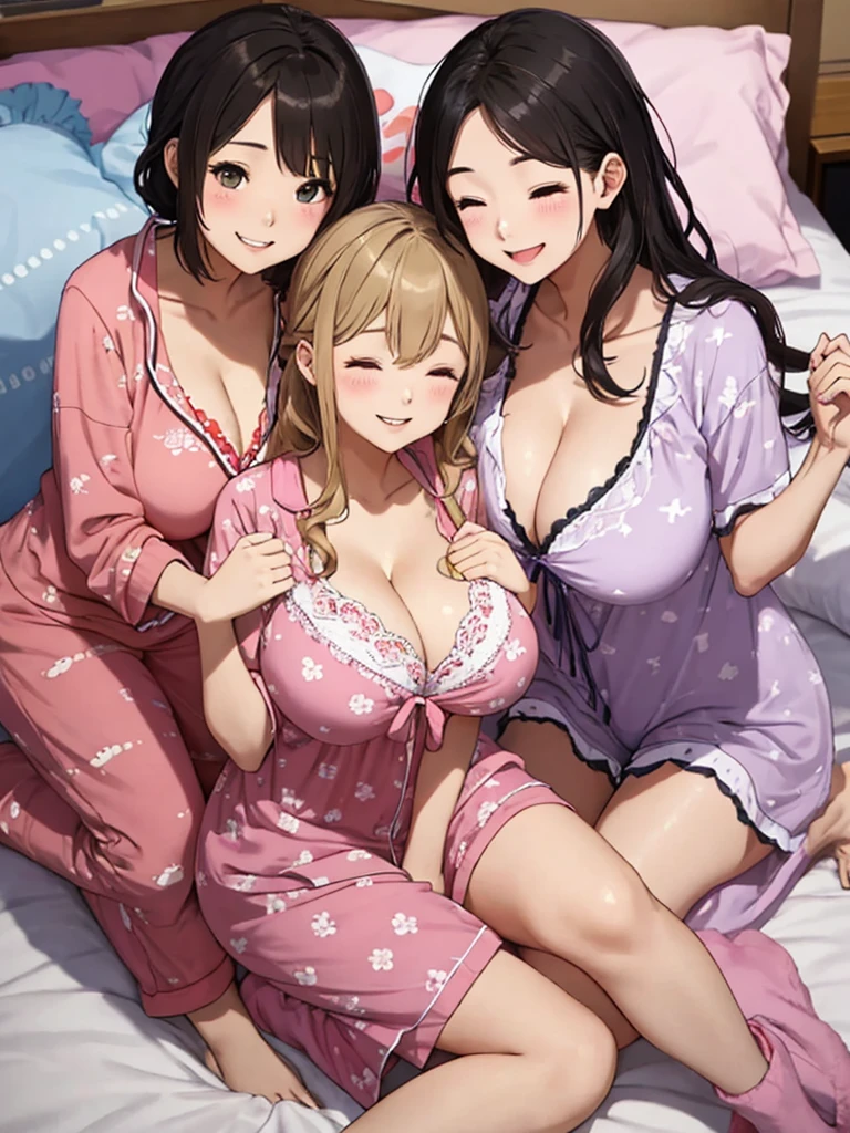 highest quality、High resolution、High definition、Beautiful  girl、three women、cute hairstyle,perfect skin,(huge breasts:1.4)、Look at me happily、smiling、laughing、sexual expression、slumber party、友人たちとのslumber partyでは、Soft pajamas and cute bedding、You can enjoy cute items。chatting and games、While enjoying sweets、Show off your feminine cuteness。emphasize cleavage