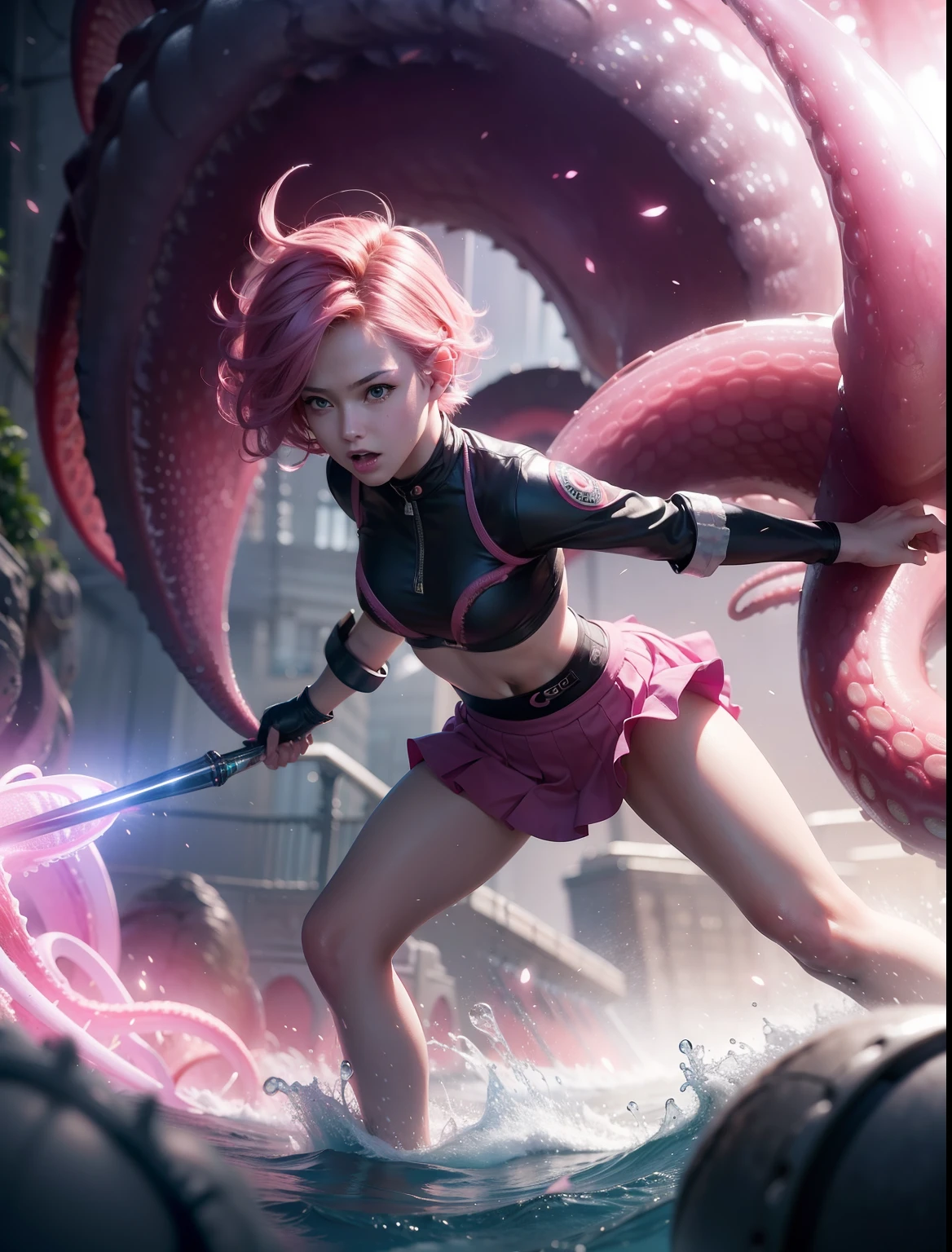 (masterpiece, Best Quality:1.1), hold fists, (Maam, Dragon quest), 1girl in, Solo, (ultra gigantic , ,  Pink hair, parted bang, Bun cover, Fingerless gloves:1.15, Pink gloves:1.15, pink martial arts uniform:1.25, , long boots), (lay down and :1.2, tentacle monster  her :1.75, insert tentacles into her :1.75, yawn and closed eyes:1.5, in the stone made room:1.25, overhead view),