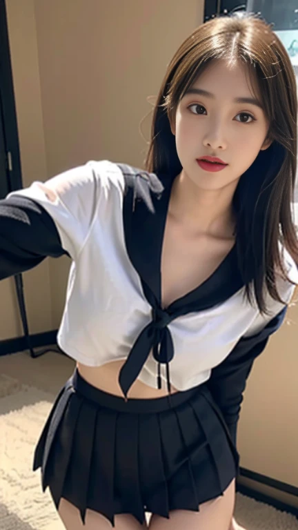 best quality, master piece, High resolution,8K,(Realistic:1.4),超High resolution,1 girl, super detailed, 超Realistic, official art, cinematic light, Realisticな, young and beautiful girl, perfect body shape, perfect body shape, full gonzo, perfect body, (It starts with:1.3), 卑猥なPause, long and sexy legs, socks,have confidence, beautiful sexy, Sailor Uniform Student Uniform, A-Line Cropped Pleated Skirt,Cool Full, S-shaped body, upturned butt,上でPauseをとる,Pause,different perspectives