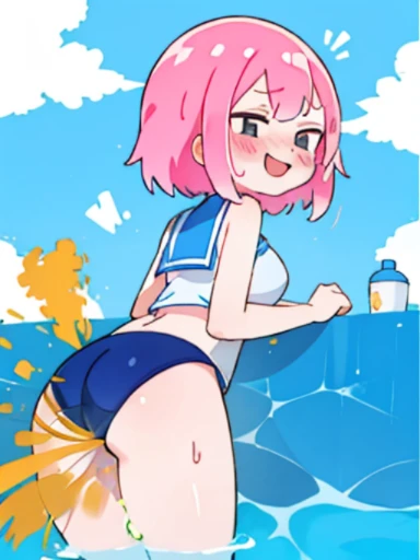 1 girl、pink hair big breasts、pool、school swimwear、women stink、fart、shyness、blush、Satisfied smile、Gas comes out of the butt、put pressure on your face、lots of gas、Feeling like diarrhea、soak in water、Swimsuit for 、water gets dirty、Sweat、Active