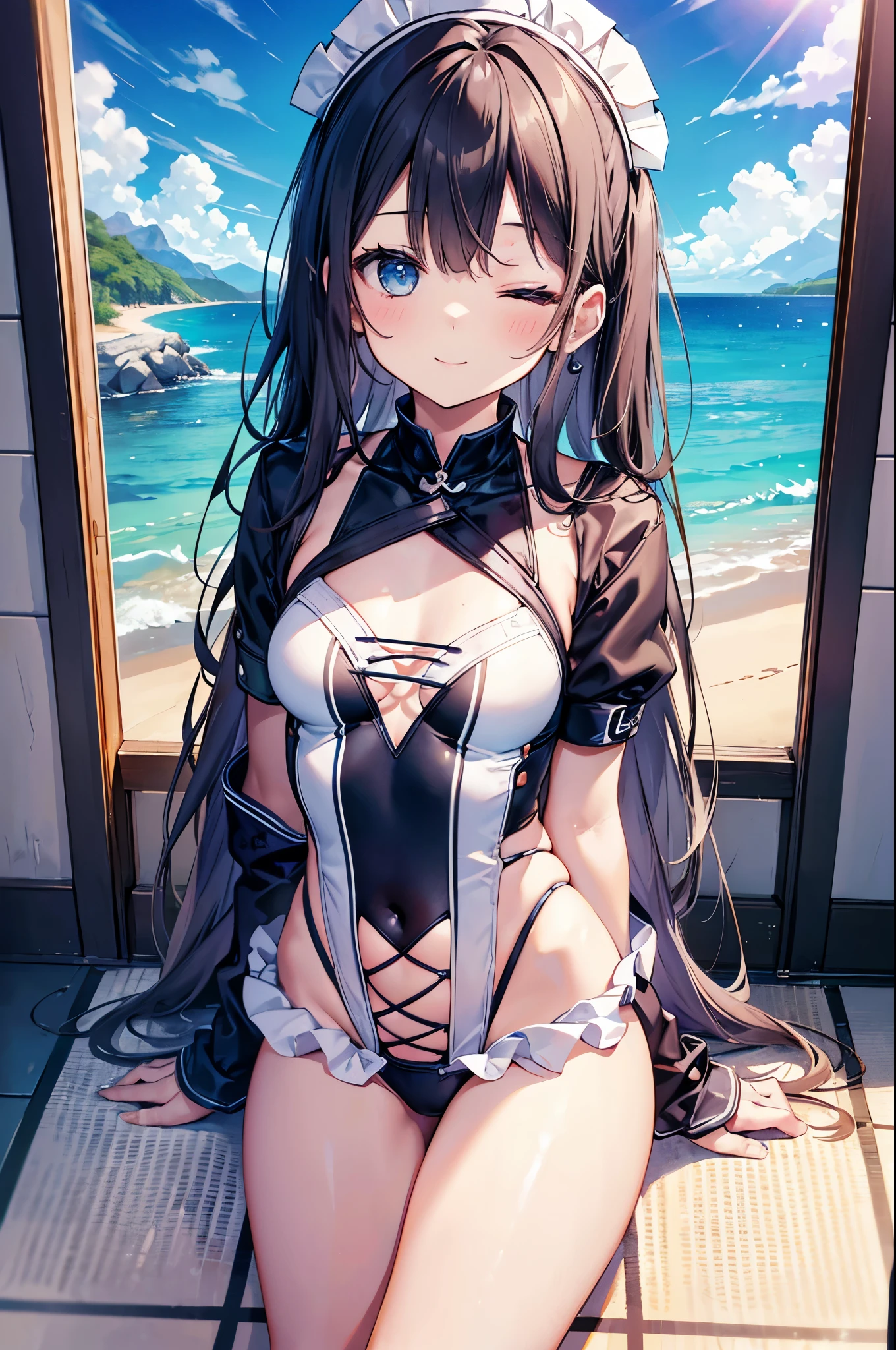 ((masterpiece、4K、8K、highest quality: 1.perfect fingers: 1.perfect anatomy: 1.3、background blur))、((Super precise expression))、((16 years old、thin、small face、super beautiful girl、straight long hair))、((gossiper、Maid swimwear:1.3))、barefoot、cute eyes:1.1、(Smile with one eye closed:1.3)、(pose with hands behind the back、Front facing、full body:1.5)、blue sky、Hot sunshine、white sand beach、