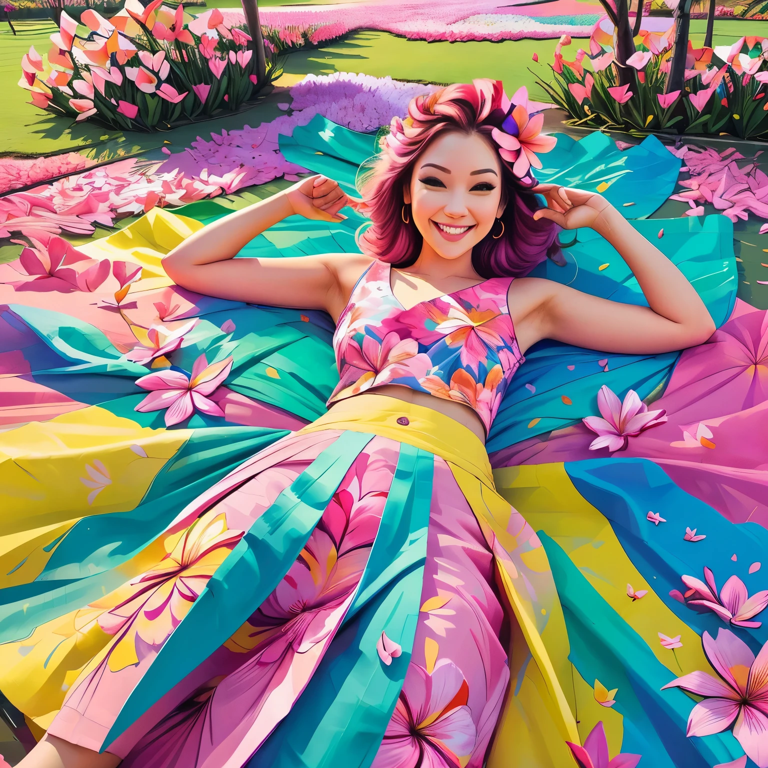 full body photo ,Masterpiece: 1.2, best quality, 1girl, field of plumeria, vibrant, (happy:1.4),colorful details,ultra detailed,detailed lighting,\(\(inspired by Hayao Miyazaki\)\),official art, pink flowers, laying on flowers, big smile