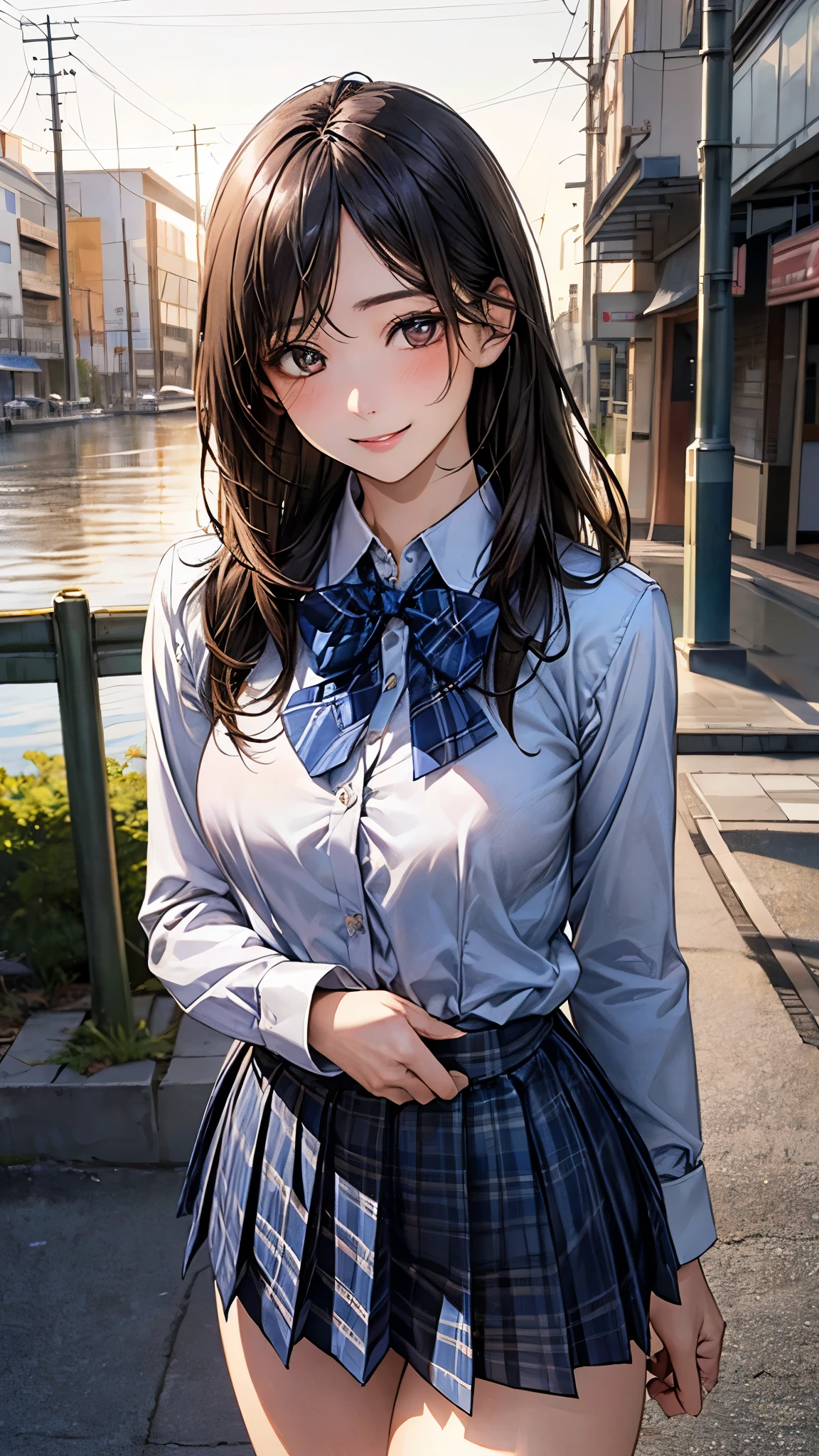 (masterpiece:1.2, top-quality), (realistic, photorealistic:1.4), beautiful illustration, (natural side lighting, movie lighting), nsfw, 
looking at viewer, cowboy shot, front view:0.6, 1 girl, japanese, high school girl, perfect face, cute and symmetrical face, shiny skin, 
(long hair:1.8, straight hair:1.7, black hair), parted bangs, gold eyes, long eye lasher, (large breasts:0.8, thick thighs), 
beautiful hair, beautiful face, beautiful detailed eyes, beautiful clavicle, beautiful body, beautiful chest, beautiful thigh, beautiful legs, beautiful fingers, 
((((long sleeve)), roll up sleeves, white collared shirts, navy pleated mini skirt, black socks, brown loafers, blue plaid bow tie)), pink panties, 
(beautiful scenery), evening, riverside, standing, (lovely smile, upper eyes), 